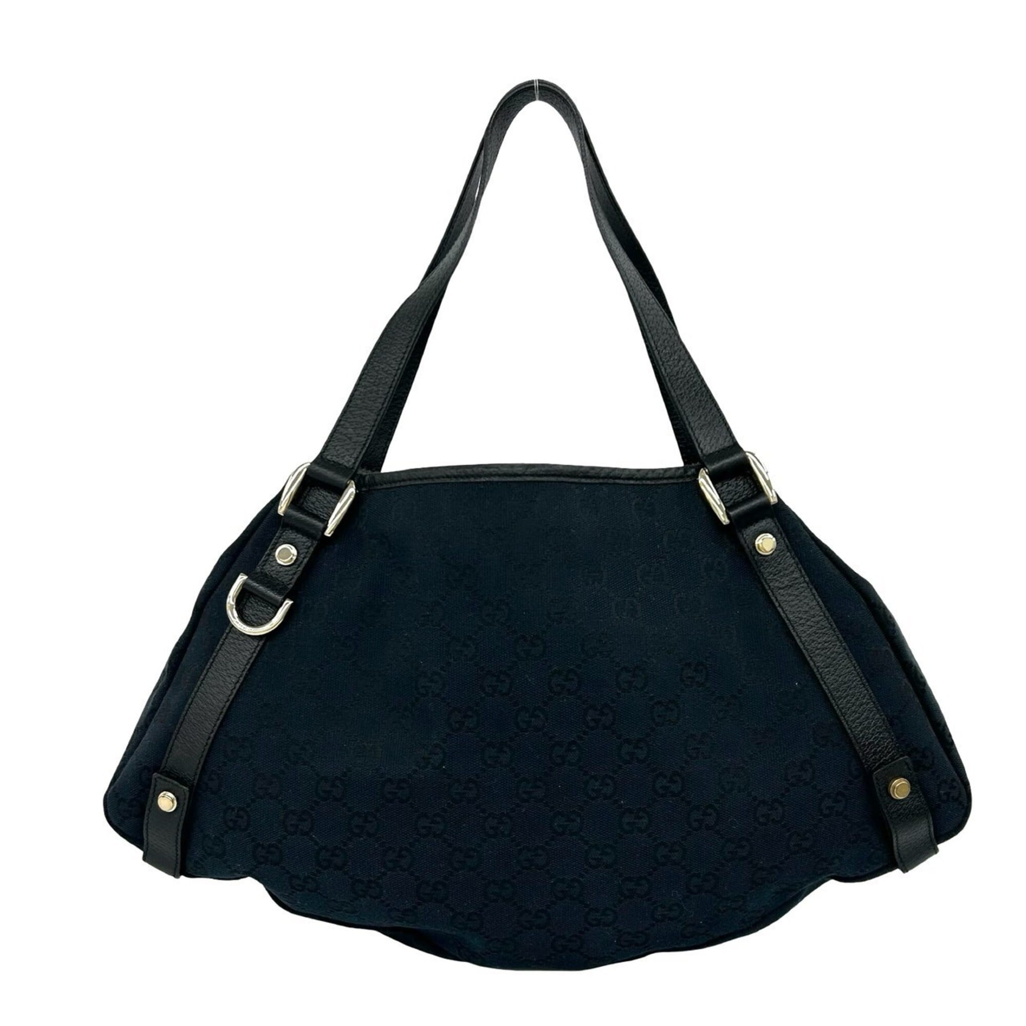 Gucci Black Navy Canvas Leather Shoulder Bag Tote Bag (Pre-Owned)