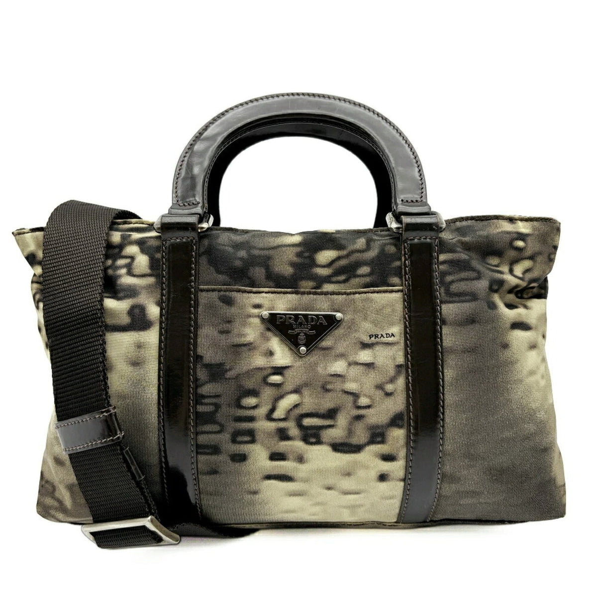 Prada Beige Black Brown Khaki Nylon Patent Leather Handbag Shoulder Bag (Pre-Owned)