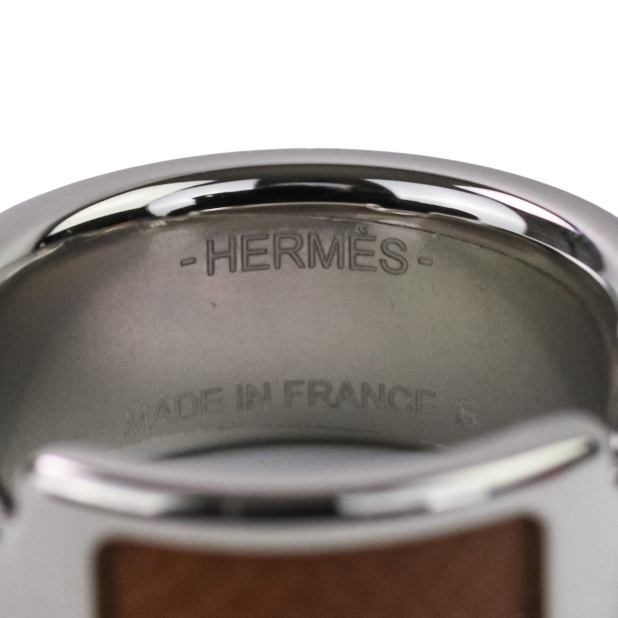 Hermes Silver Brown Leather Metal Band Ring (Pre-Owned)