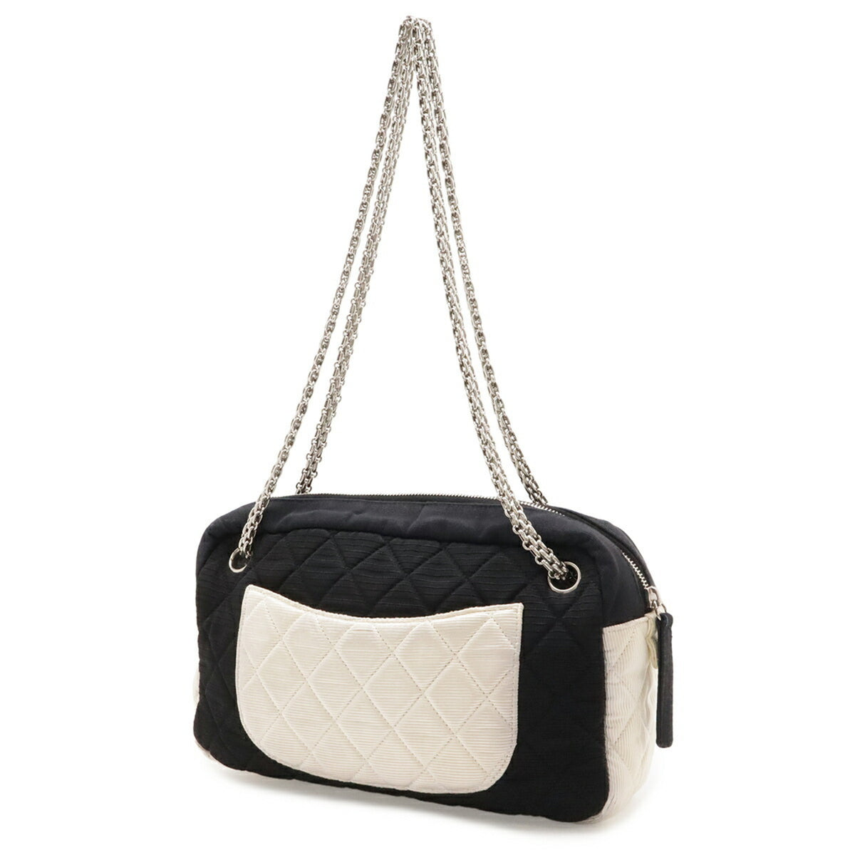 Chanel 2.55 Black Ivory Satin Canvas Shoulder Bag (Pre-Owned)