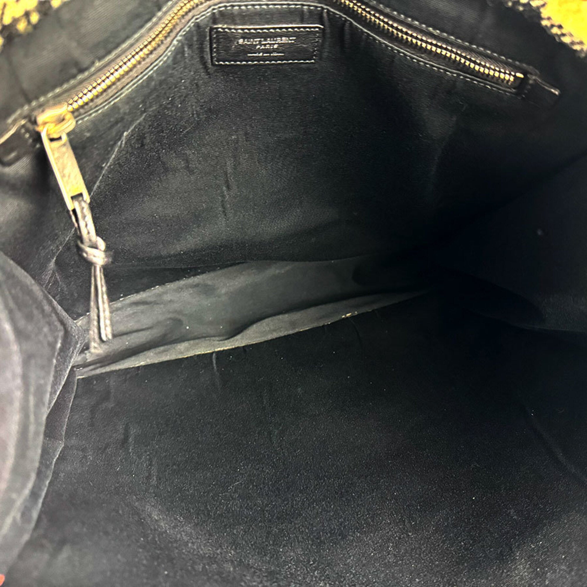 Saint Laurent Black White Leather Cotton Handbag Tote Bag (Pre-Owned)