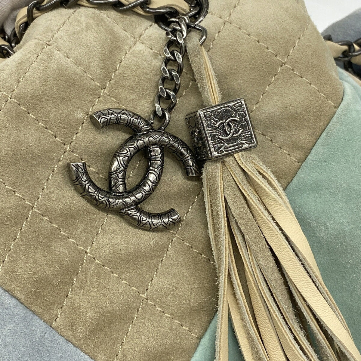 Chanel Beige Blue Green Suede Shoulder Bag (Pre-Owned)