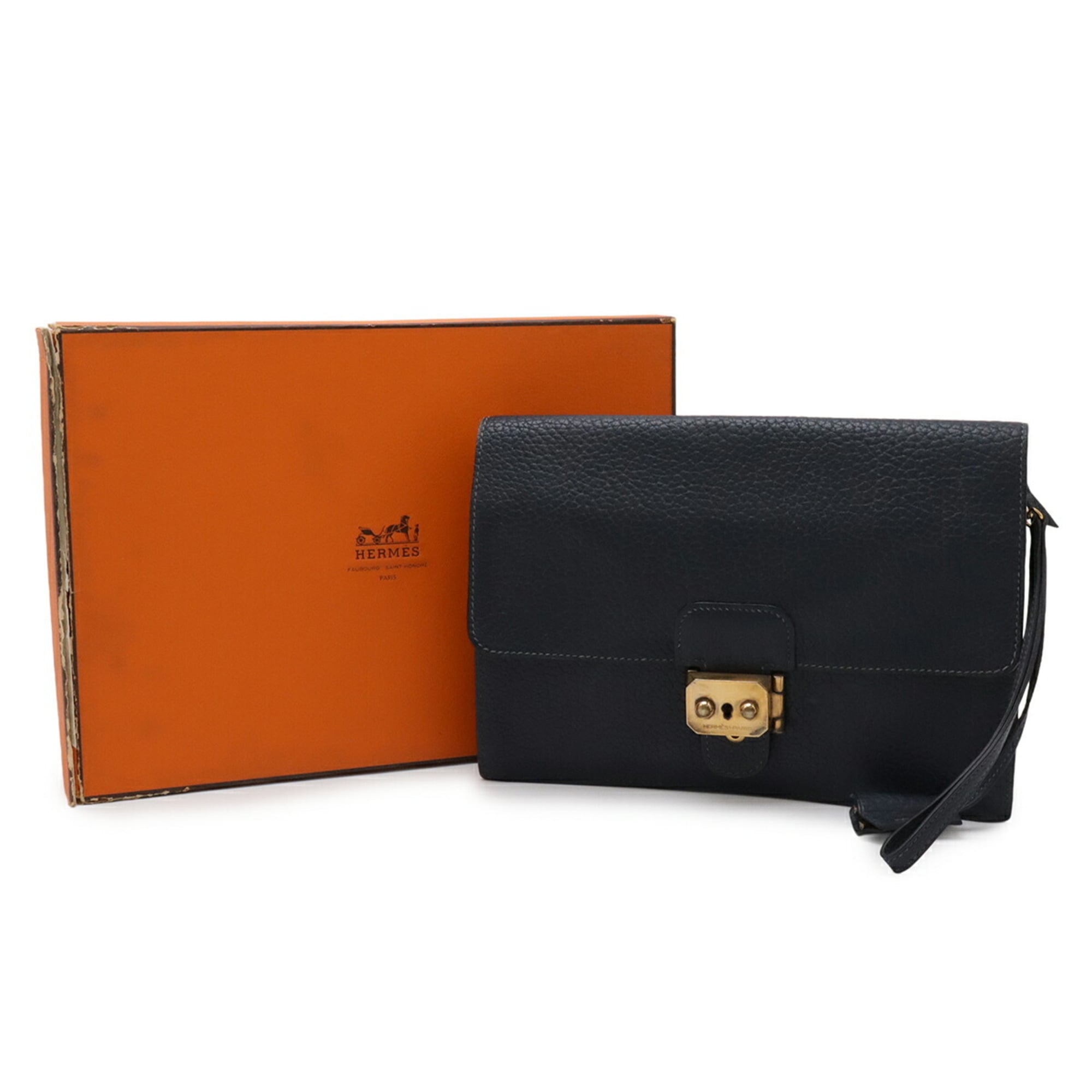 Hermes Navy Fjord Leather Clutch Bag Handbag Pochette (Pre-Owned)
