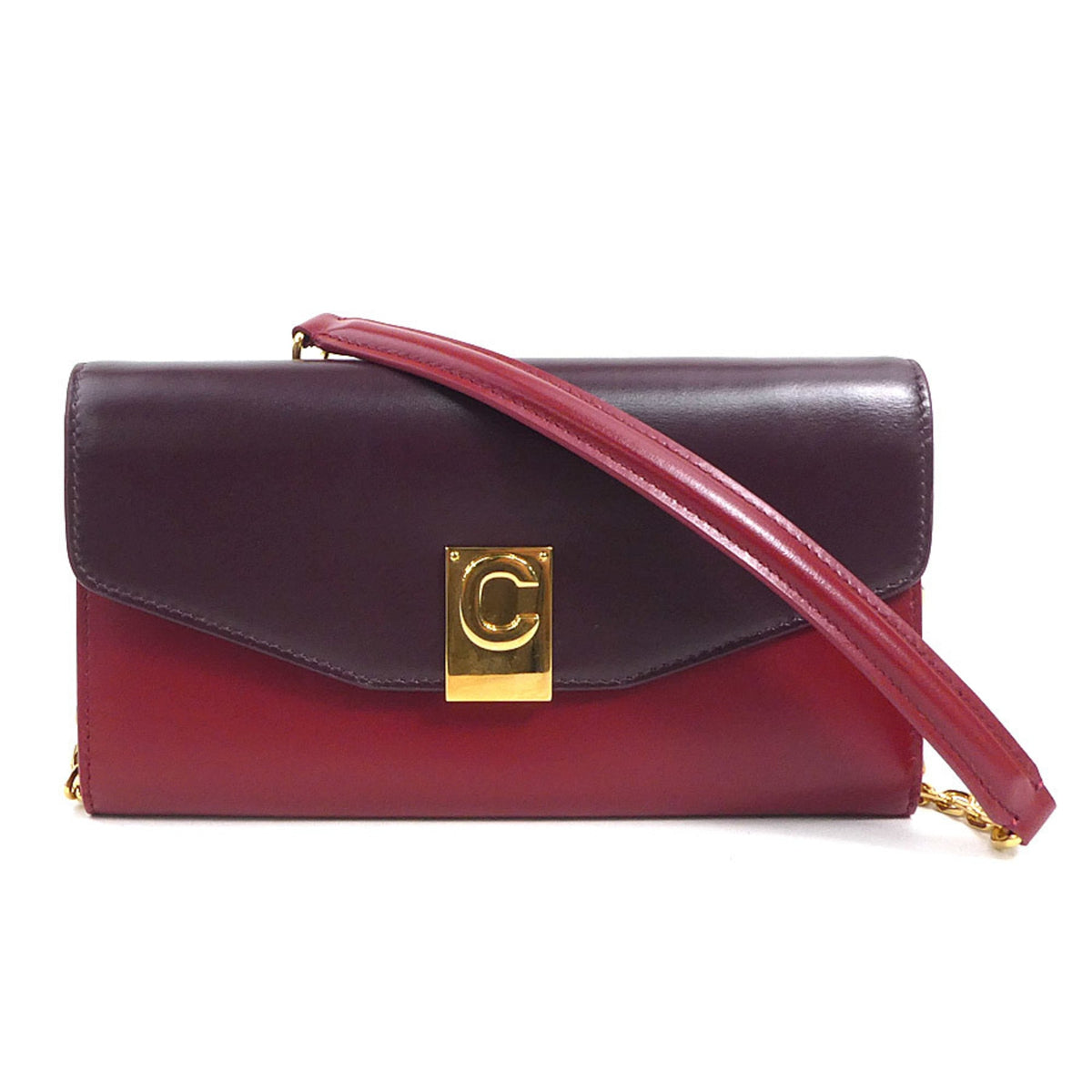 Celine Bordeaux Red Color Leather Chain/Shoulder Wallet (Pre-Owned)