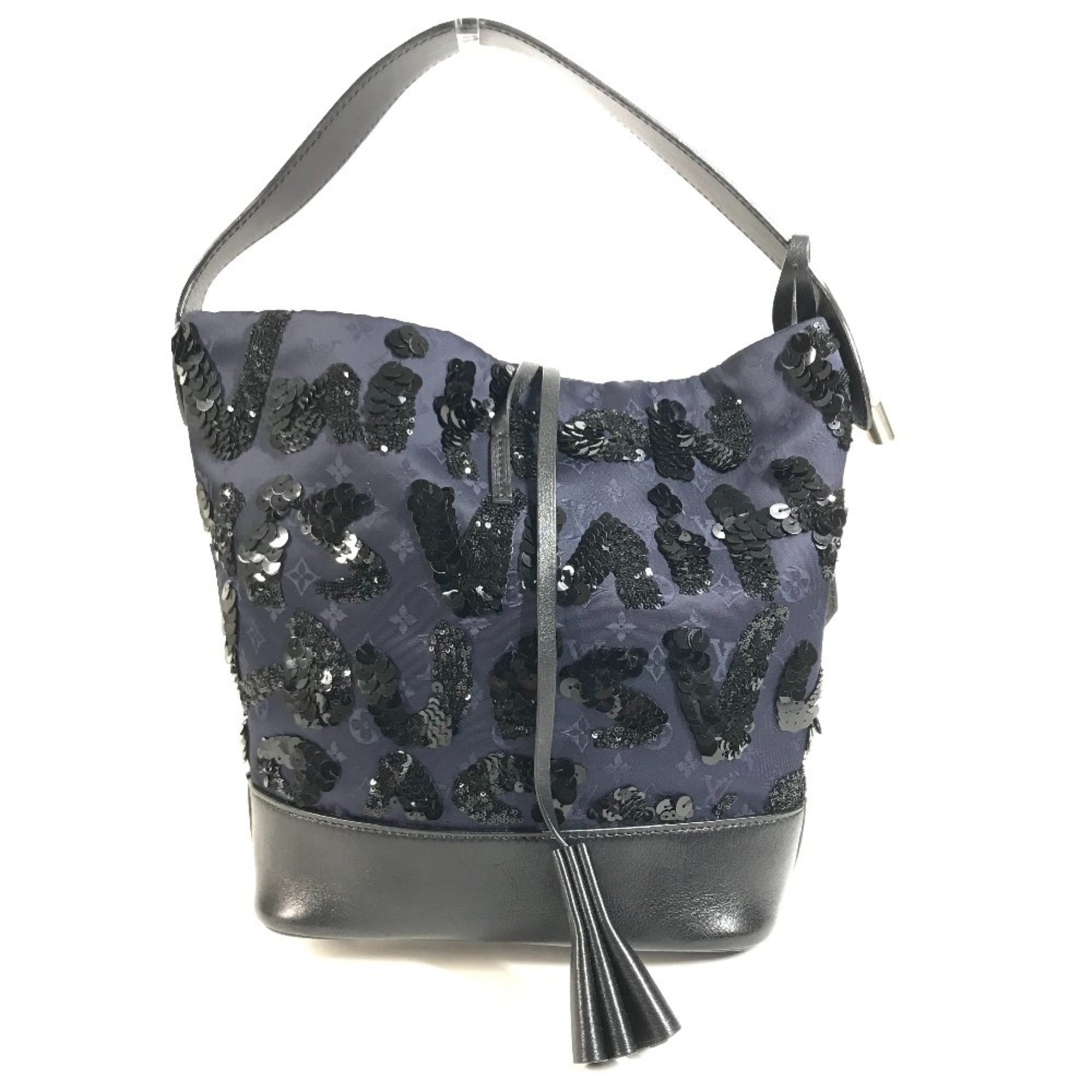 Louis Vuitton Black Monogram Navy Spangles Satin Leather Handbag Pouch Shoulder Bag (Pre-Owned)