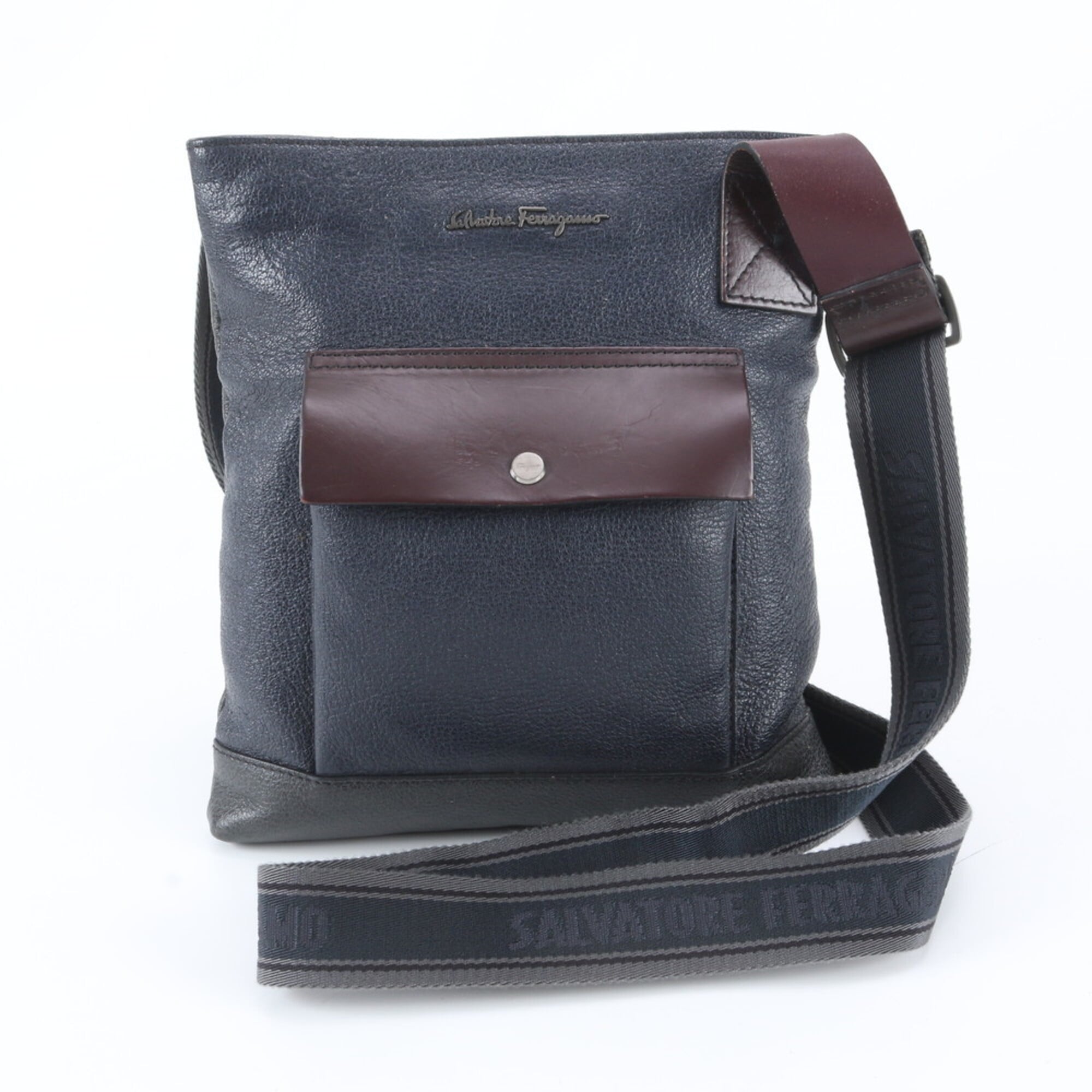Salvatore Ferragamo Navy Wine Leather Shoulder Bag (Pre-Owned)