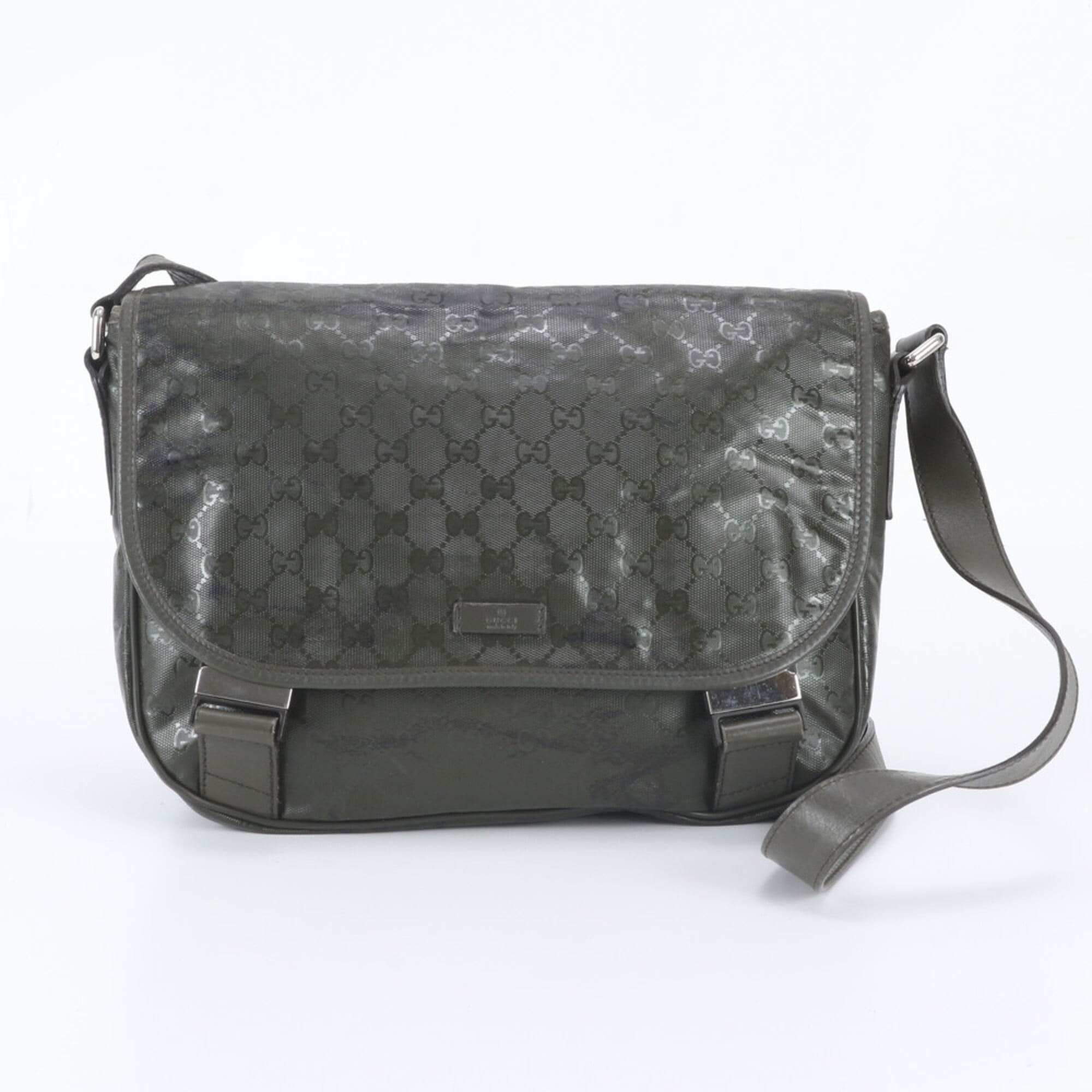 Gucci Green Khaki Leather Coated Canvas Messenger Bag Shoulder Bag Tote Bag (Pre-Owned)