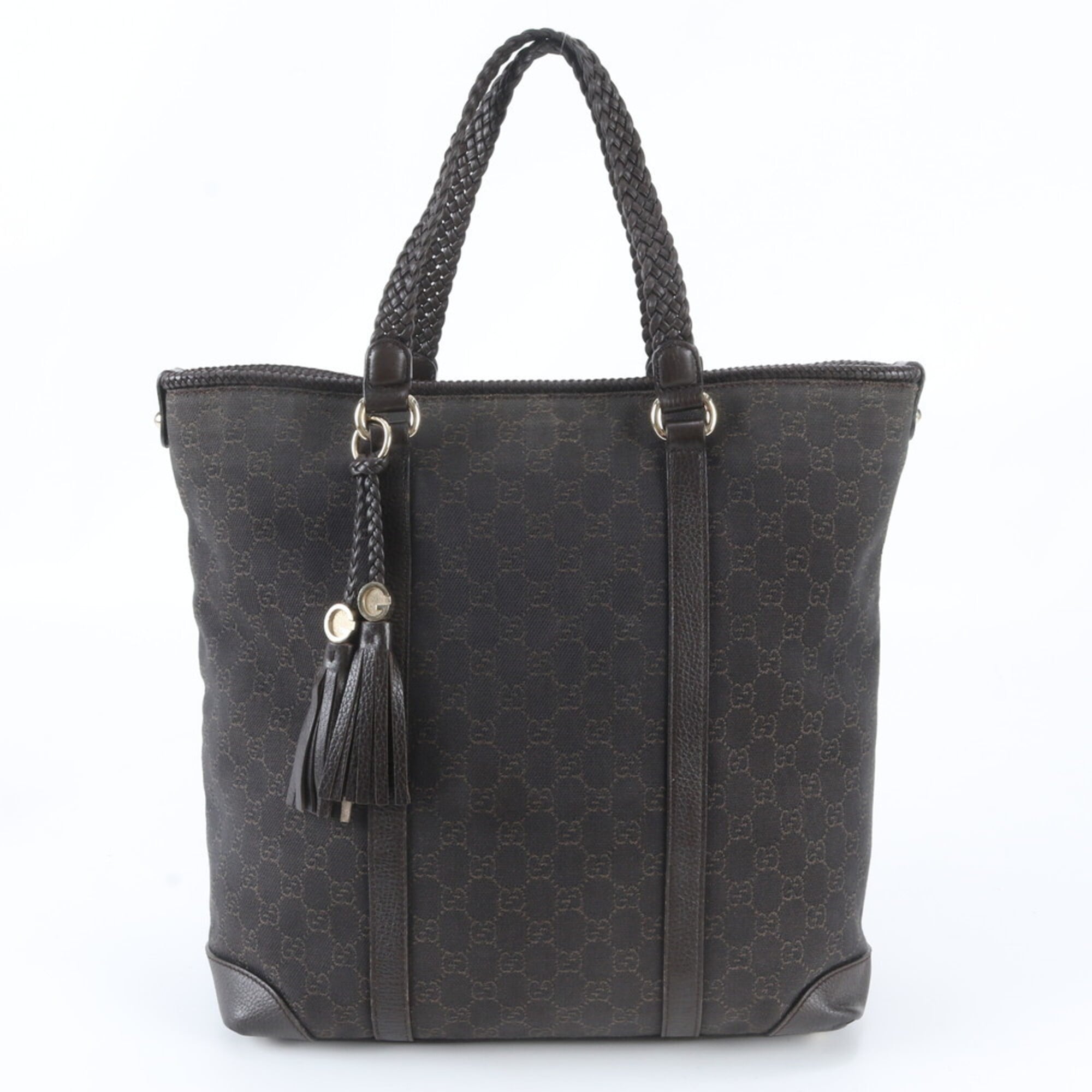 Gucci Dark Brown Leather Canvas Handbag Shoulder Bag Tote Bag (Pre-Owned)