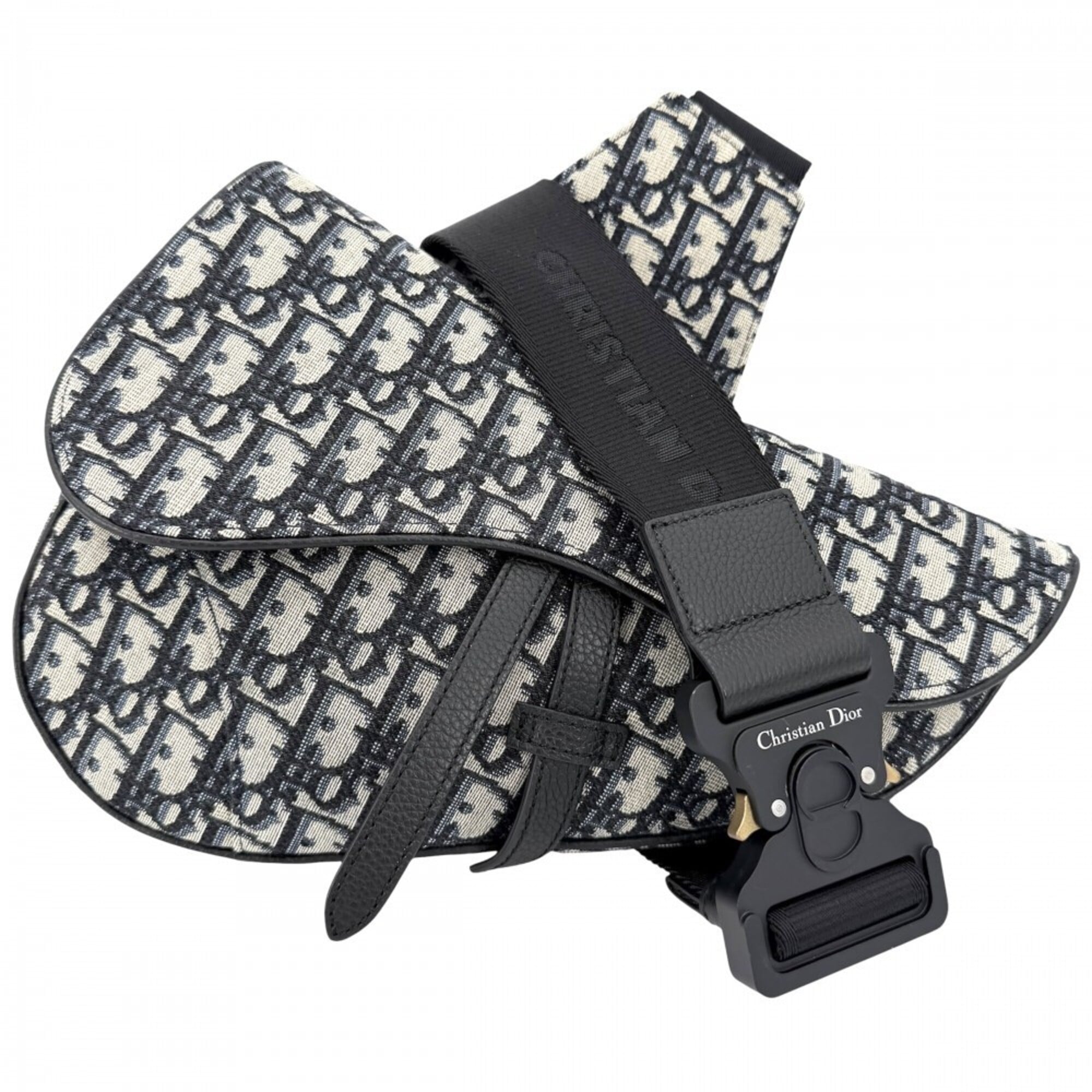Christian Dior Beige Black Navy White Canvas Saddle Bag Shoulder Bag Sling Bag (Pre-Owned)