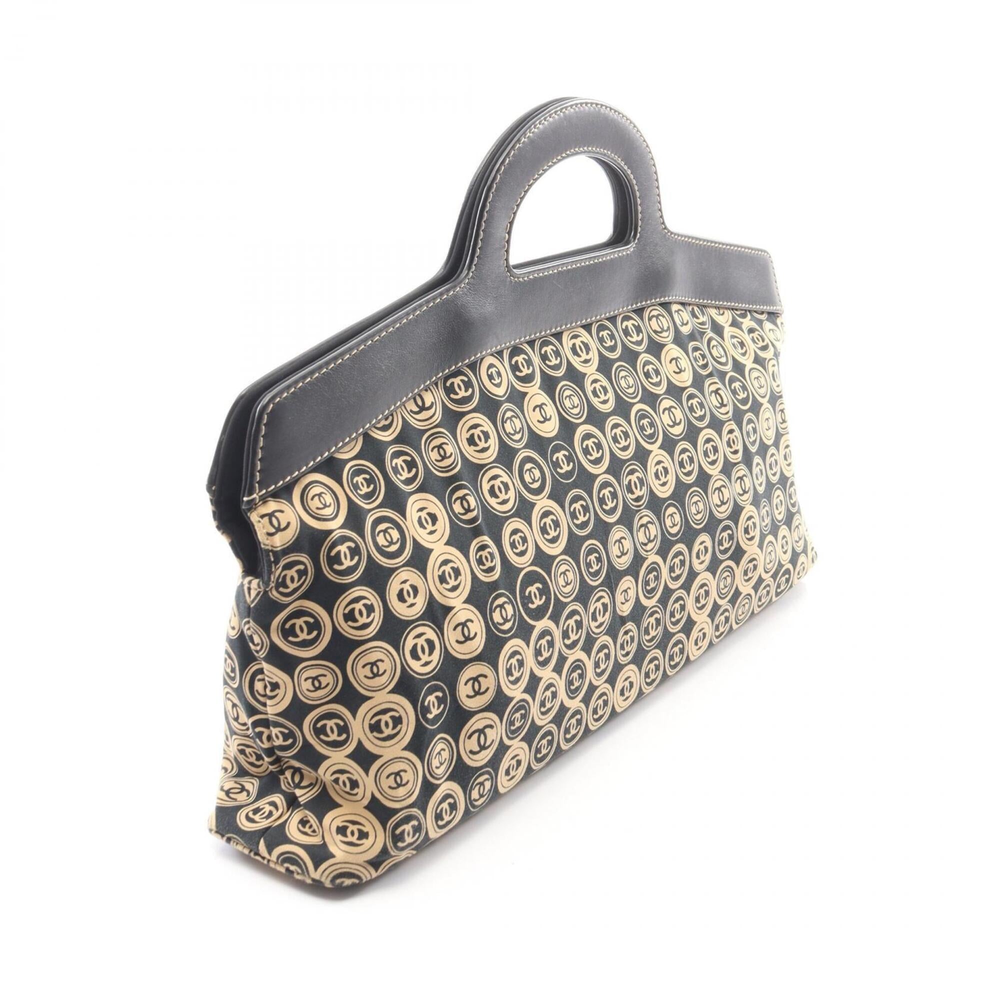 Chanel Beige Black Leather Cotton Handbag (Pre-Owned)