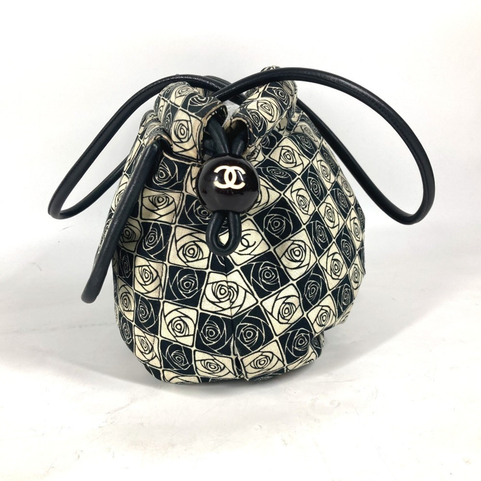 Chanel Beige Black Leather Canvas Shoulder Bag Tote Bag (Pre-Owned)