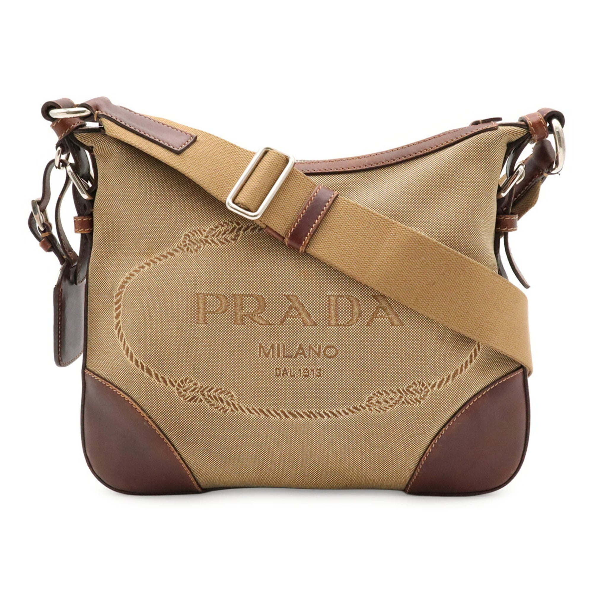 Prada Beige Dark Brown Khaki Canvas Leather Shoulder Bag (Pre-Owned)