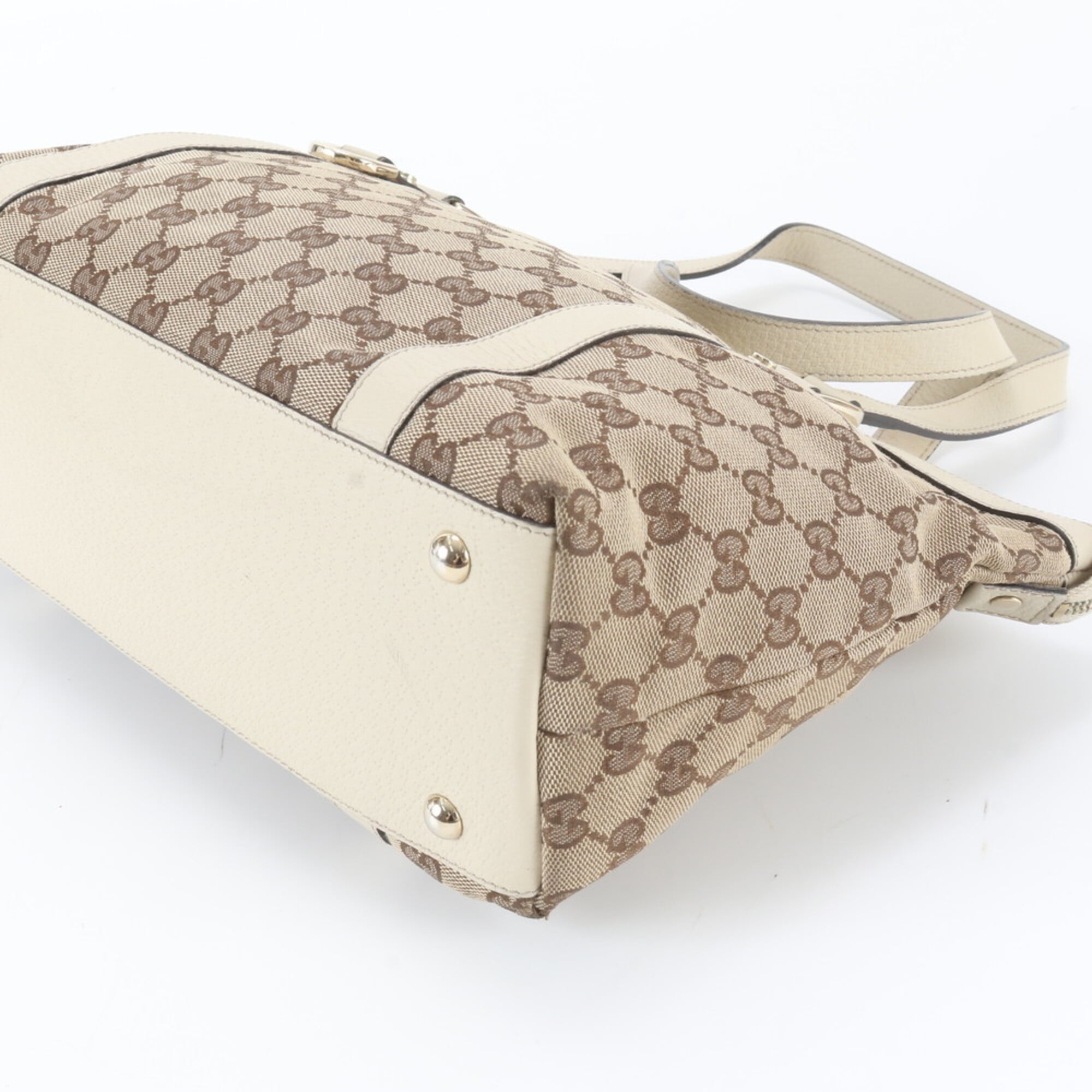 Gucci Beige Leather Canvas Handbag Shoulder Bag Tote Bag (Pre-Owned)