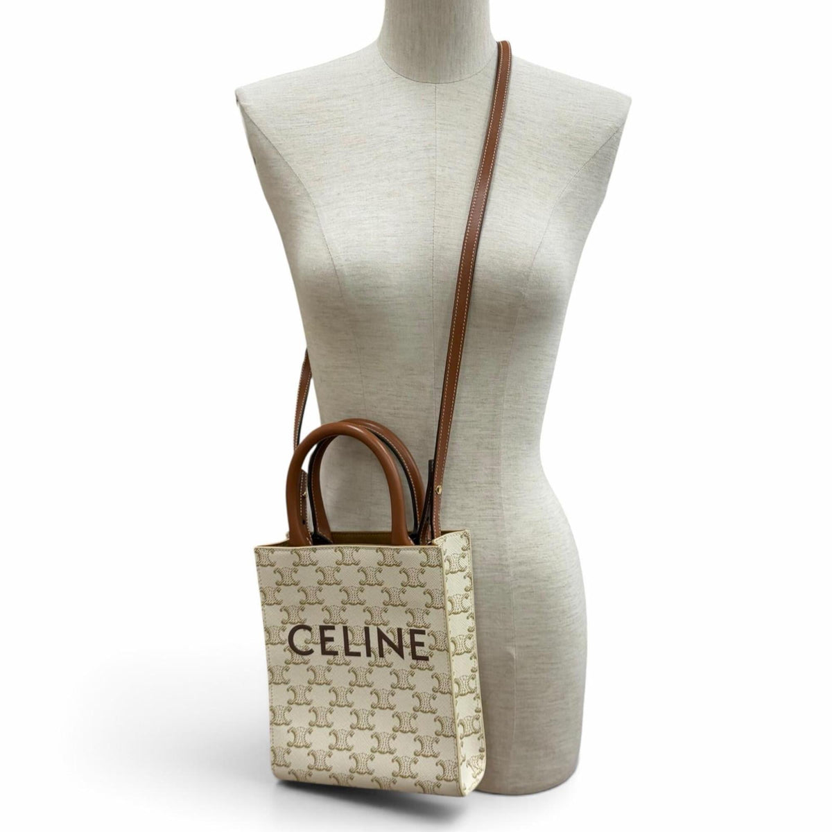 Celine Brown Ivory Coated Canvas Leather Shoulder Bag (Pre-Owned)