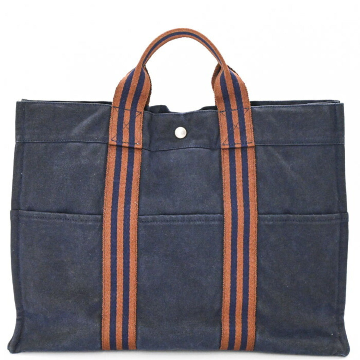 Hermes Brown Navy Canvas Handbag Tote Bag (Pre-Owned)