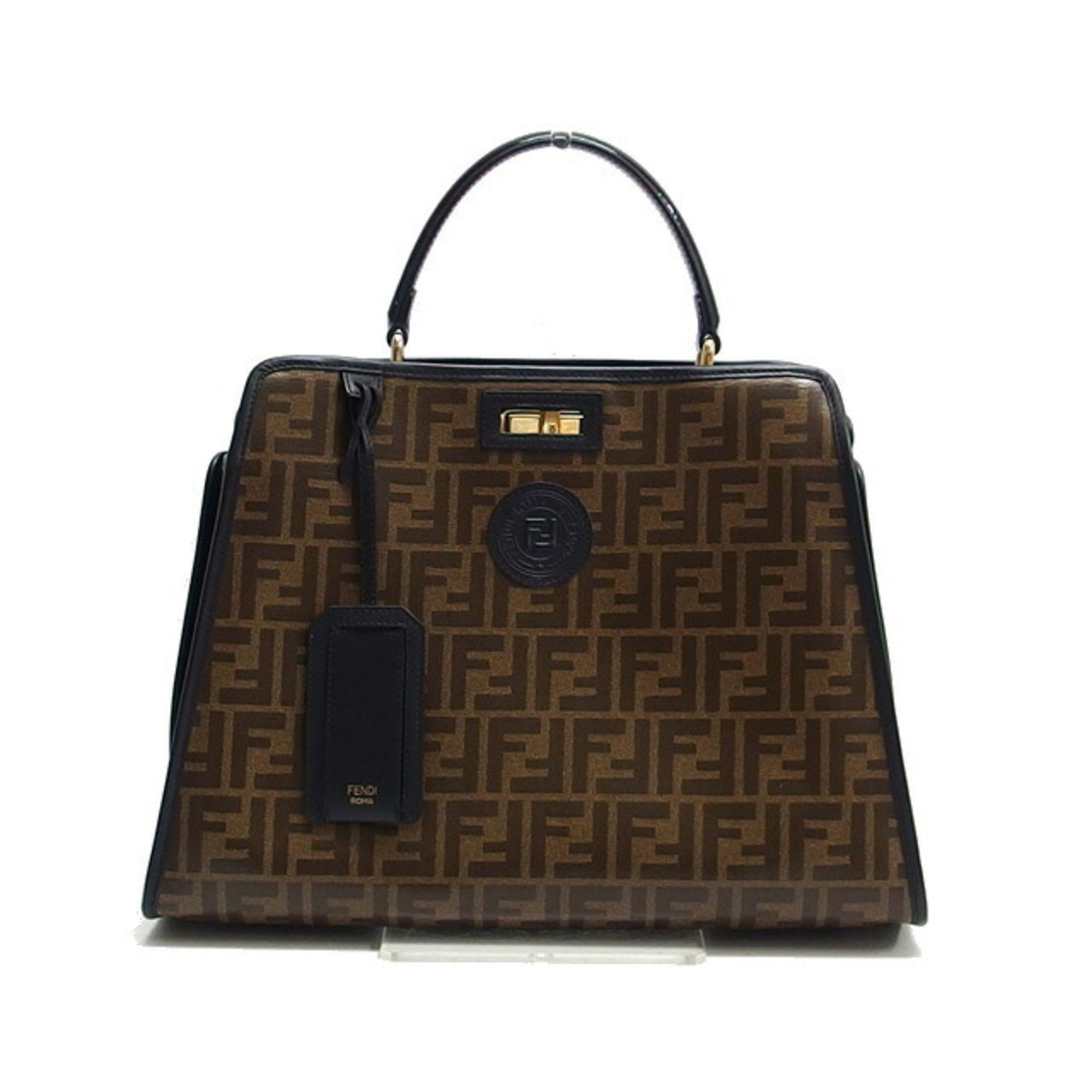 Fendi Peekaboo Black Brown Dark Brown Coated Canvas Patent Leather Handbag (Pre-Owned)