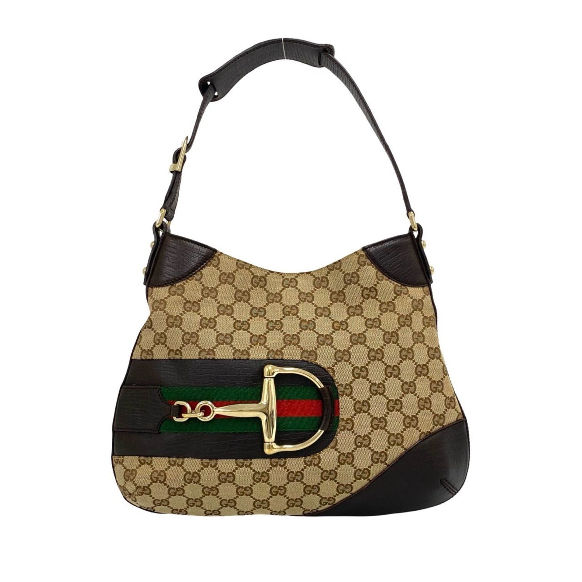 Gucci Brown Green Red Color Canvas Leather Shoulder Bag (Pre-Owned)
