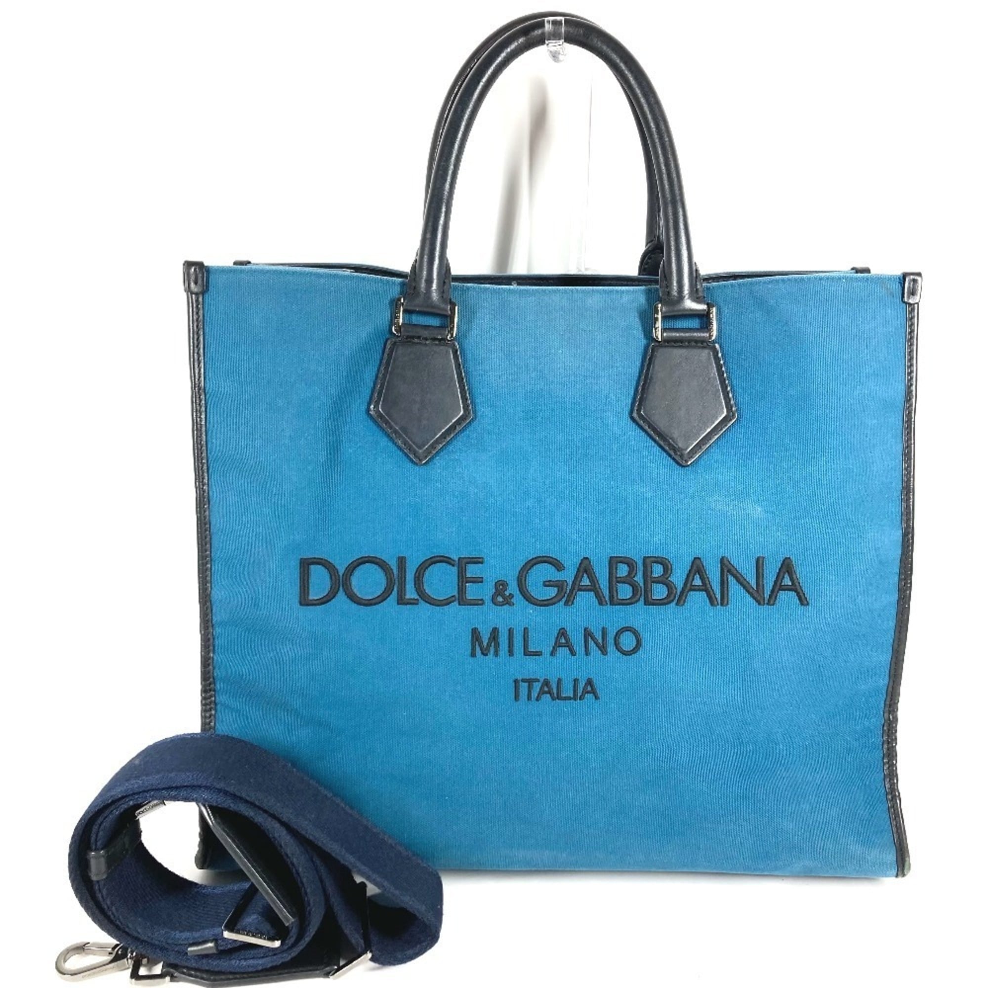 Dolce & Gabbana Black Blue Leather Canvas Shopping Bag Shoulder Bag Tote Bag (Pre-Owned)
