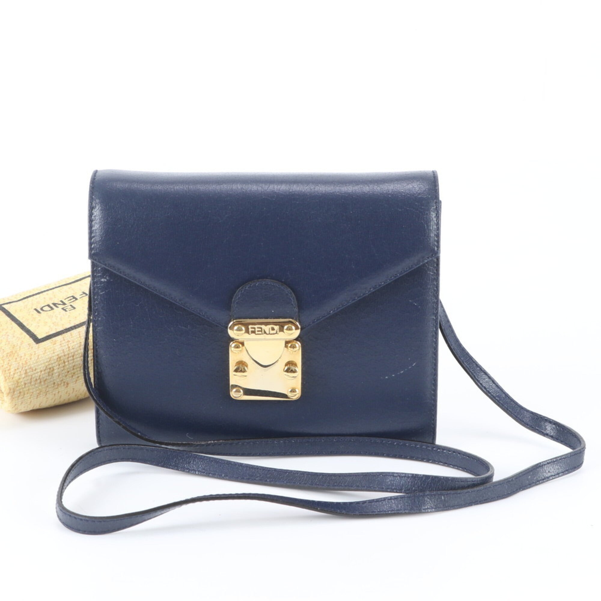 Fendi Navy Leather Clutch Bag Handbag Shoulder Bag Tote Bag (Pre-Owned)