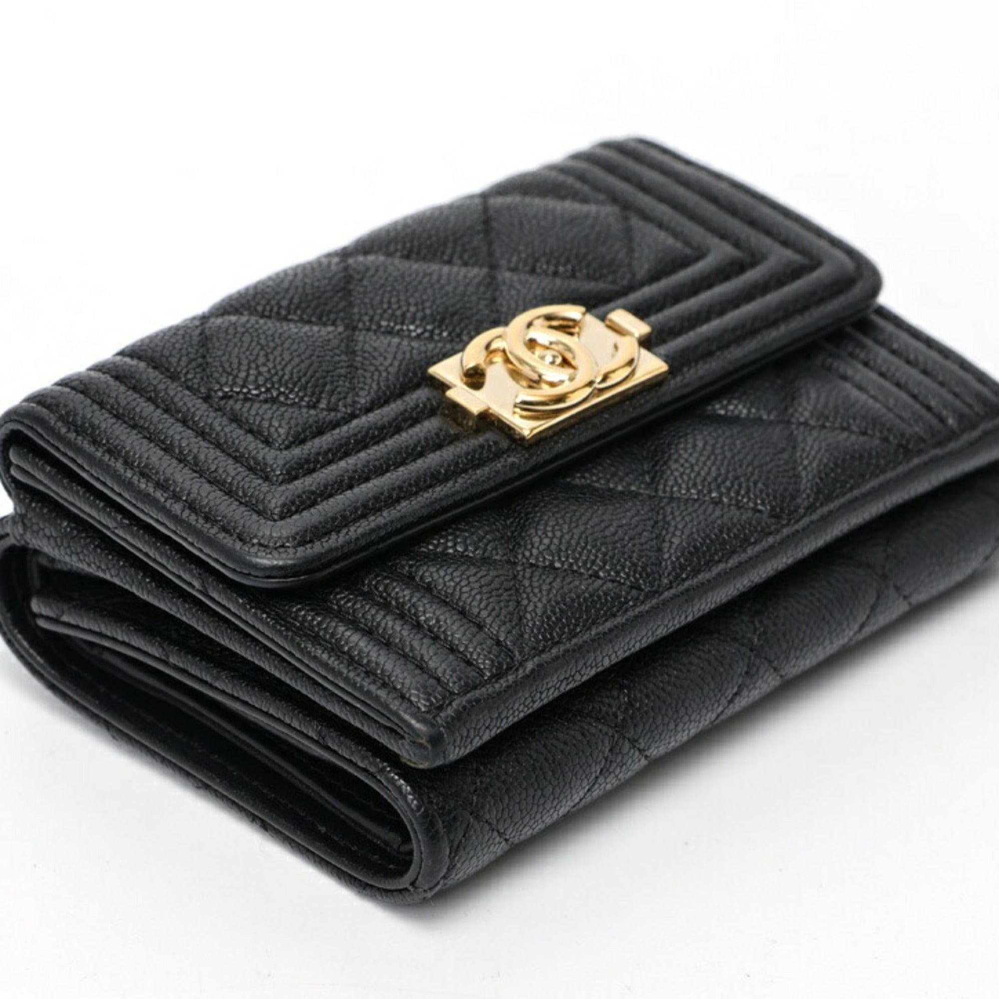 Chanel Black Grained Calfskin Wallet (Tri-Fold) (Pre-Owned)