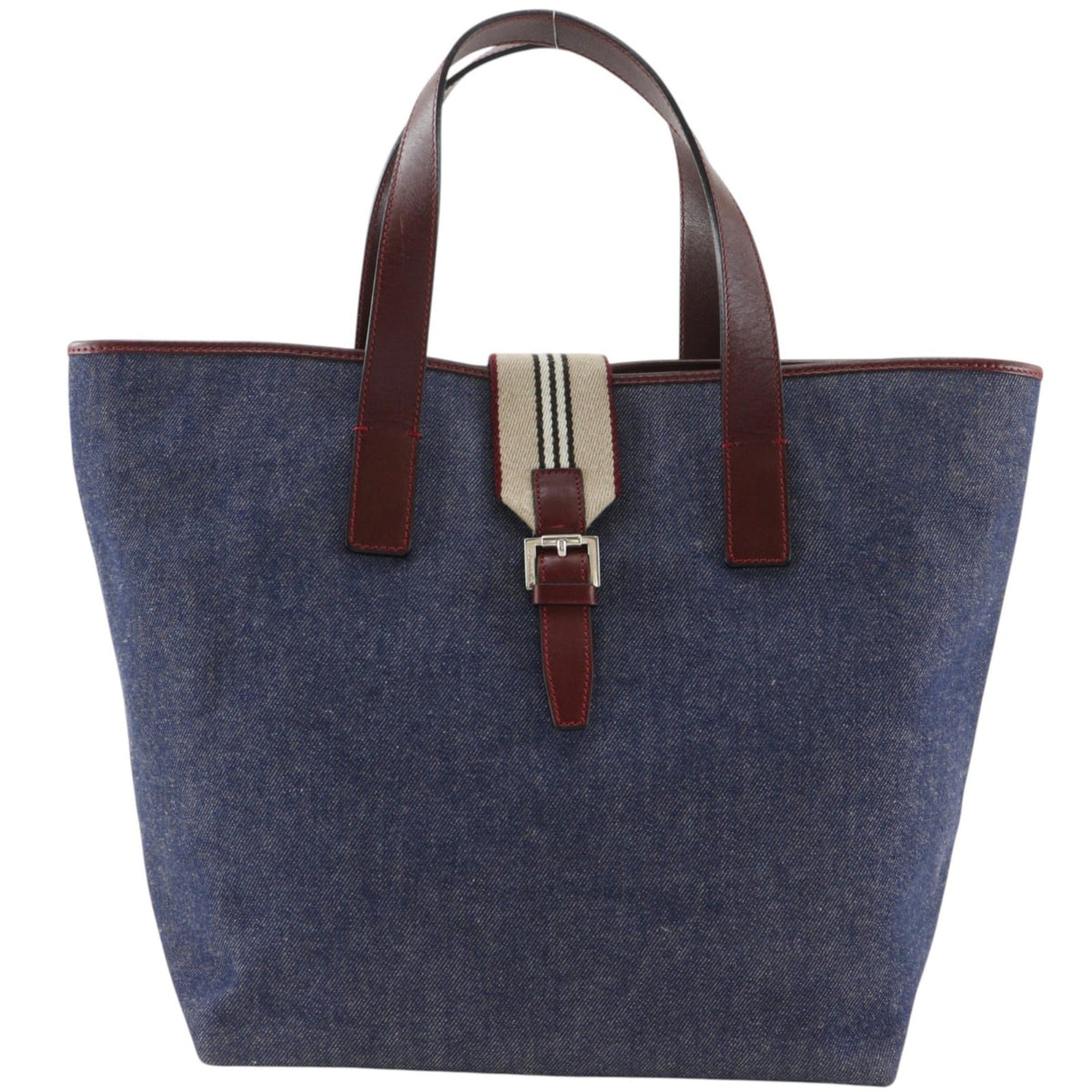Burberry Bordeaux Navy Denim Leather Canvas Tote Bag (Pre-Owned)