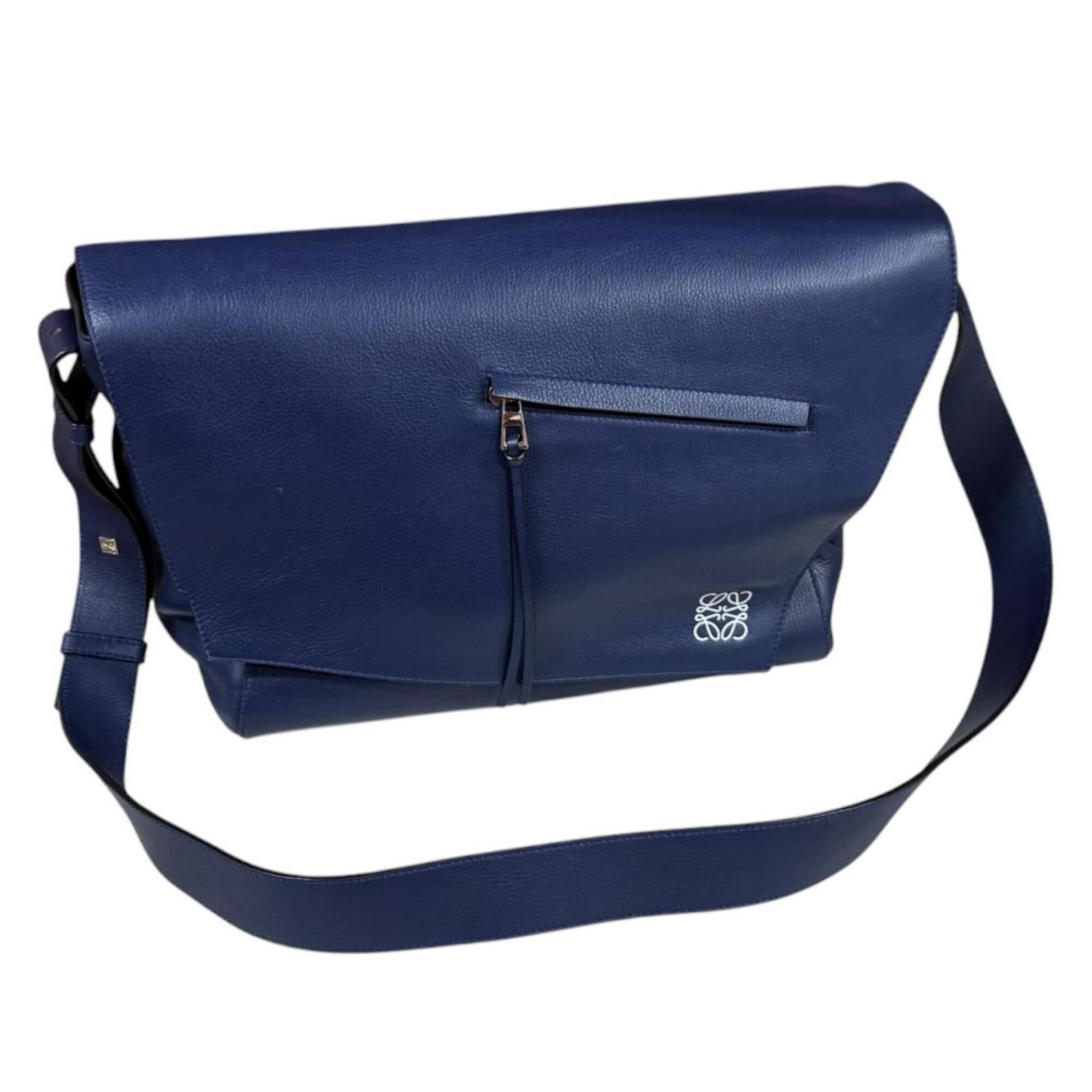 Loewe Anton Navy Leather Messenger Bag Shoulder Bag (Pre-Owned)