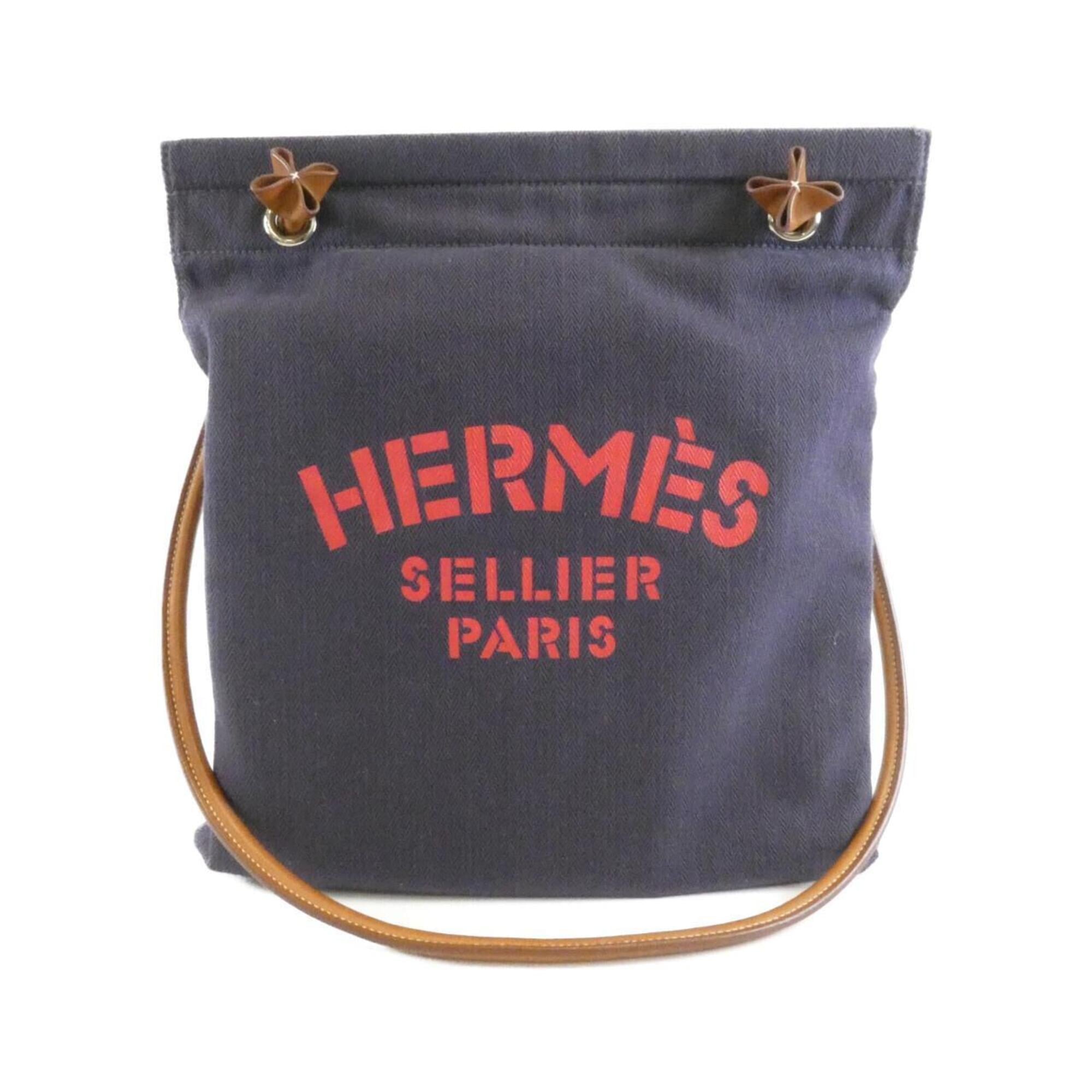 Hermes Blue Indigo Fauve Toile Chevron Barenia Leather Shoulder Bag (Pre-Owned)