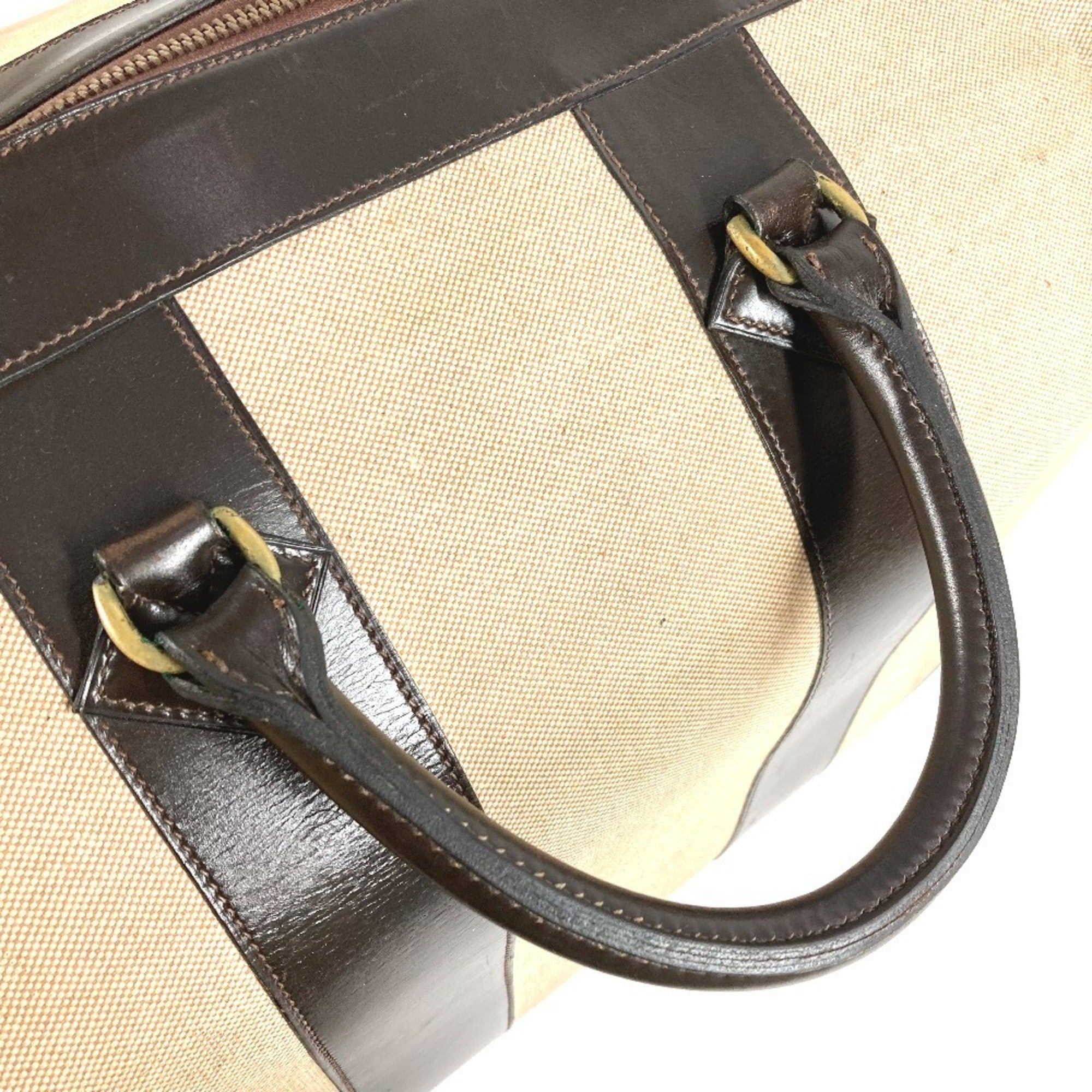 Hermes Beige Dark Brown Leather Canvas Boston Bag (Pre-Owned)