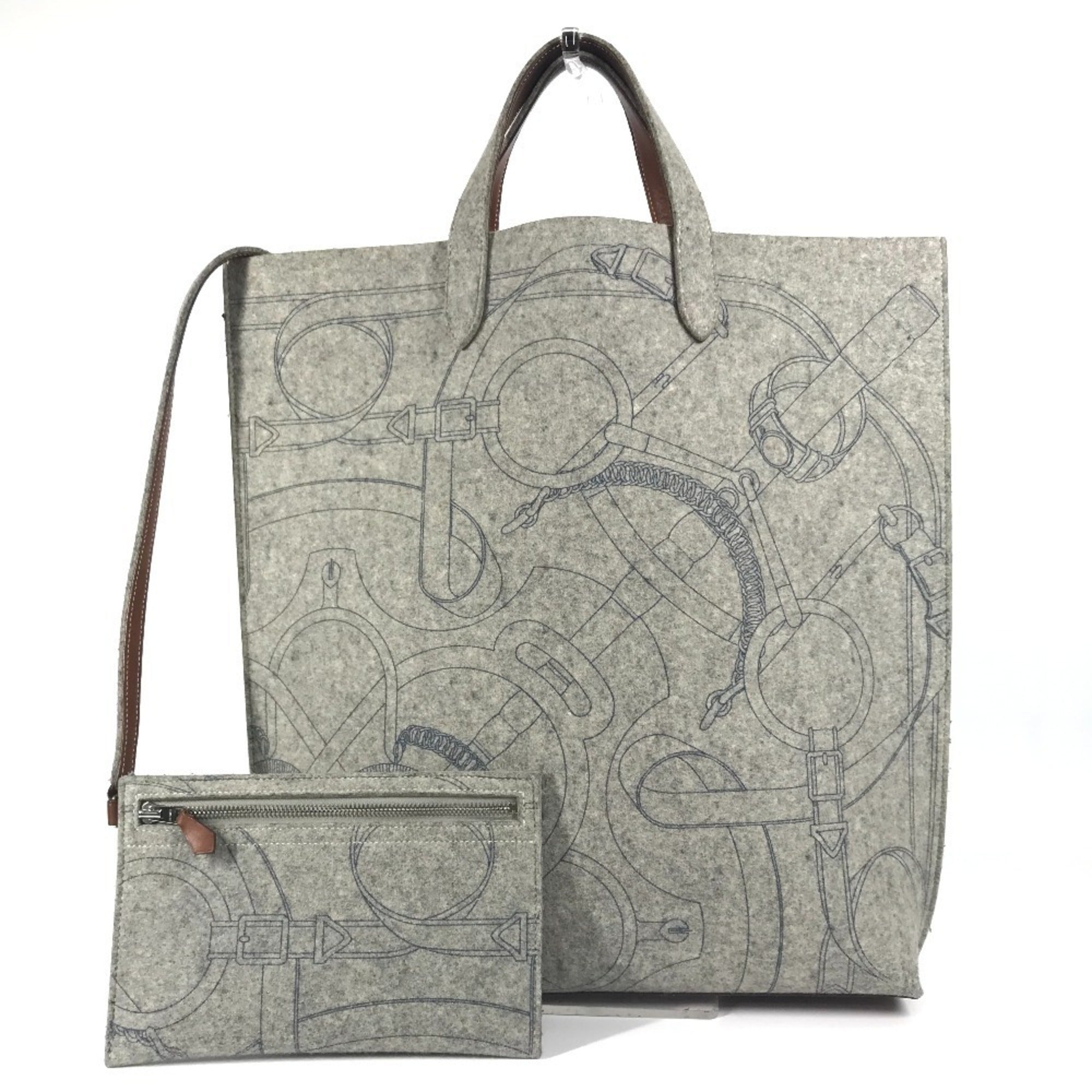 Hermes Karimi Brown Gray Felt Leather Shoulder Bag Tote Bag (Pre-Owned)