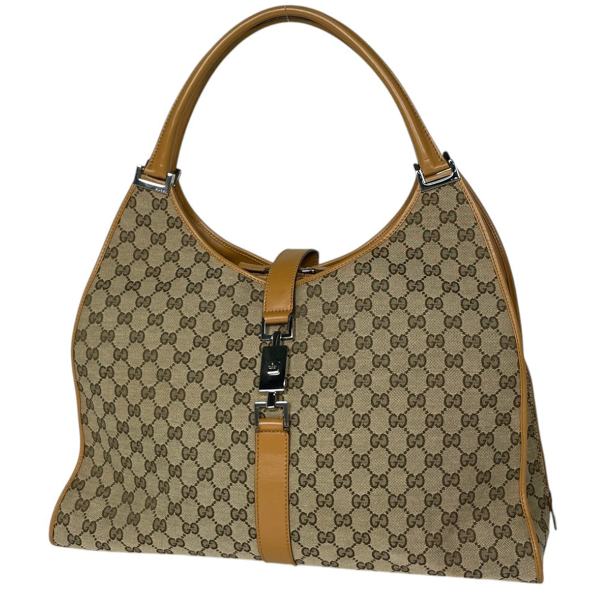 Gucci Beige Brown Gg Canvas Leather Shoulder Bag (Pre-Owned)