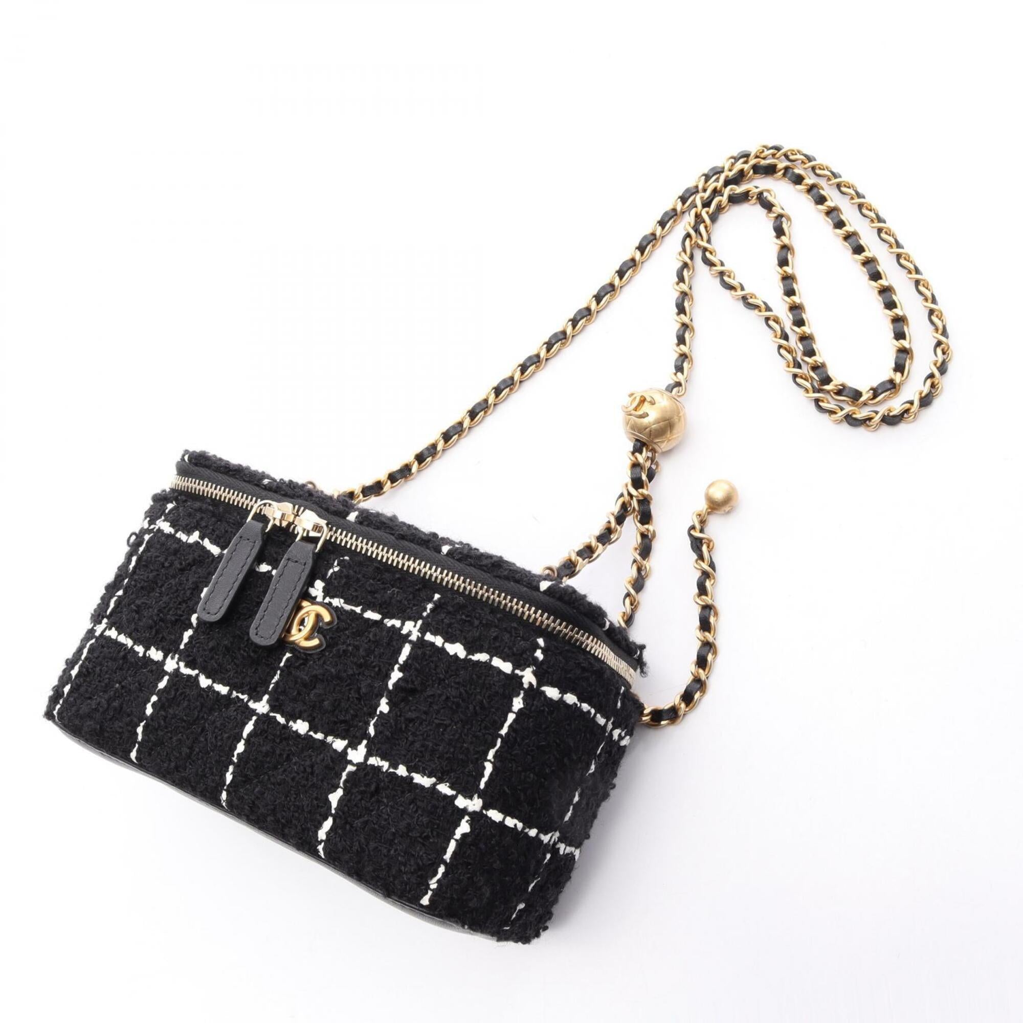 Chanel Black White Fabric Leather Handbag Shoulder Bag (Pre-Owned)