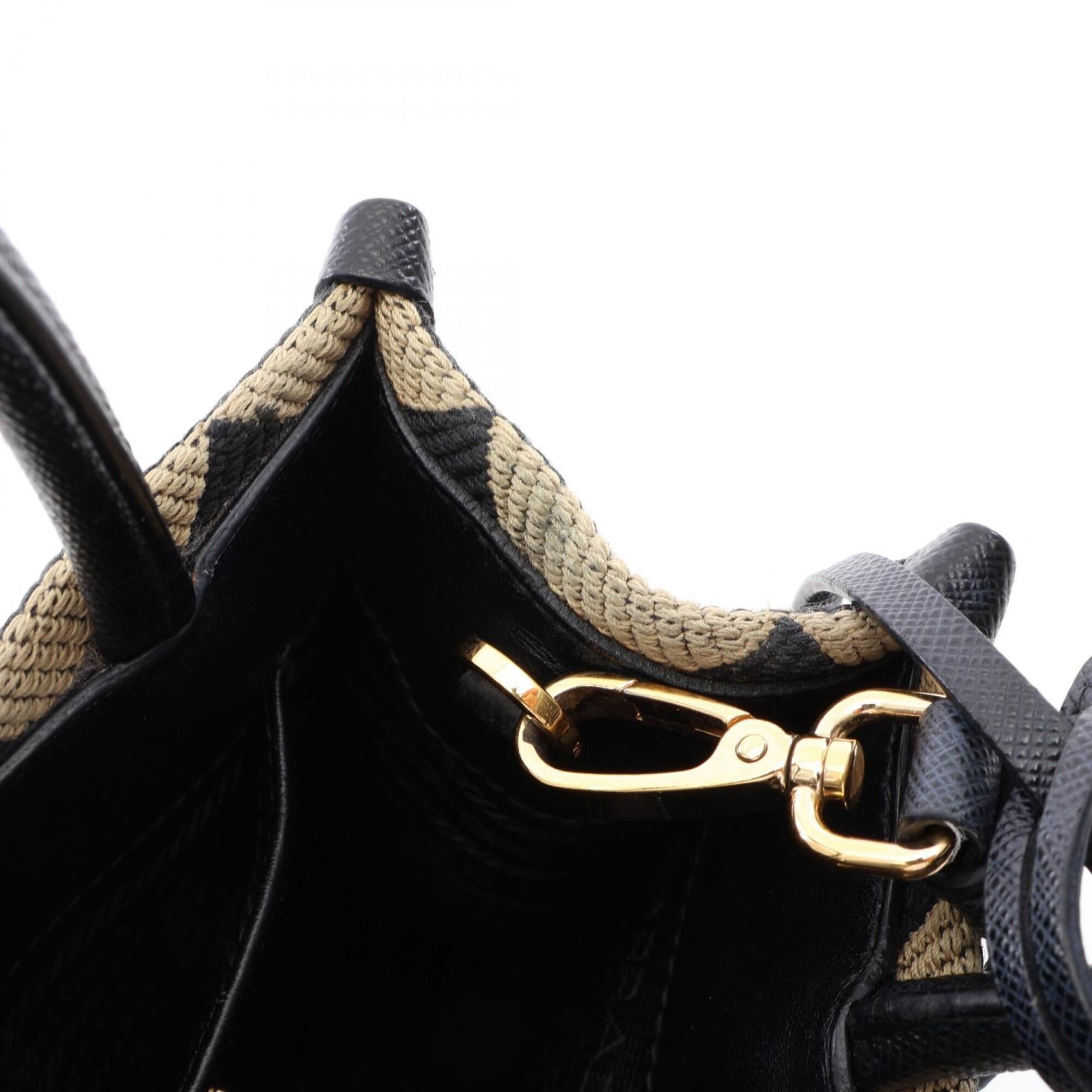 Prada Beige Black Canvas Saffiano Triangle Handbag (Pre-Owned)
