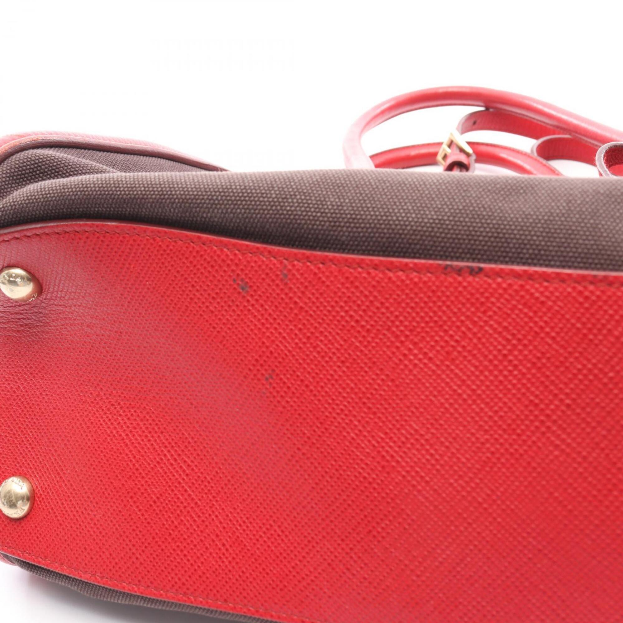 Prada Black Red Color Canvas Saffiano Handbag (Pre-Owned)