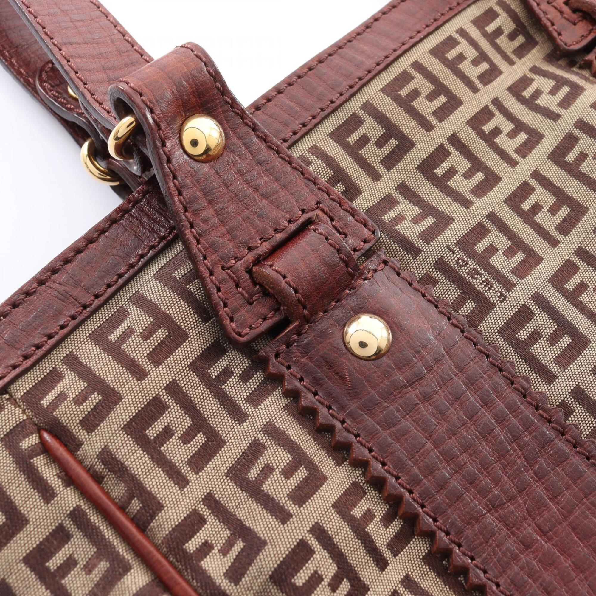 Fendi Beige Brown Canvas Leather Handbag Tote Bag (Pre-Owned)