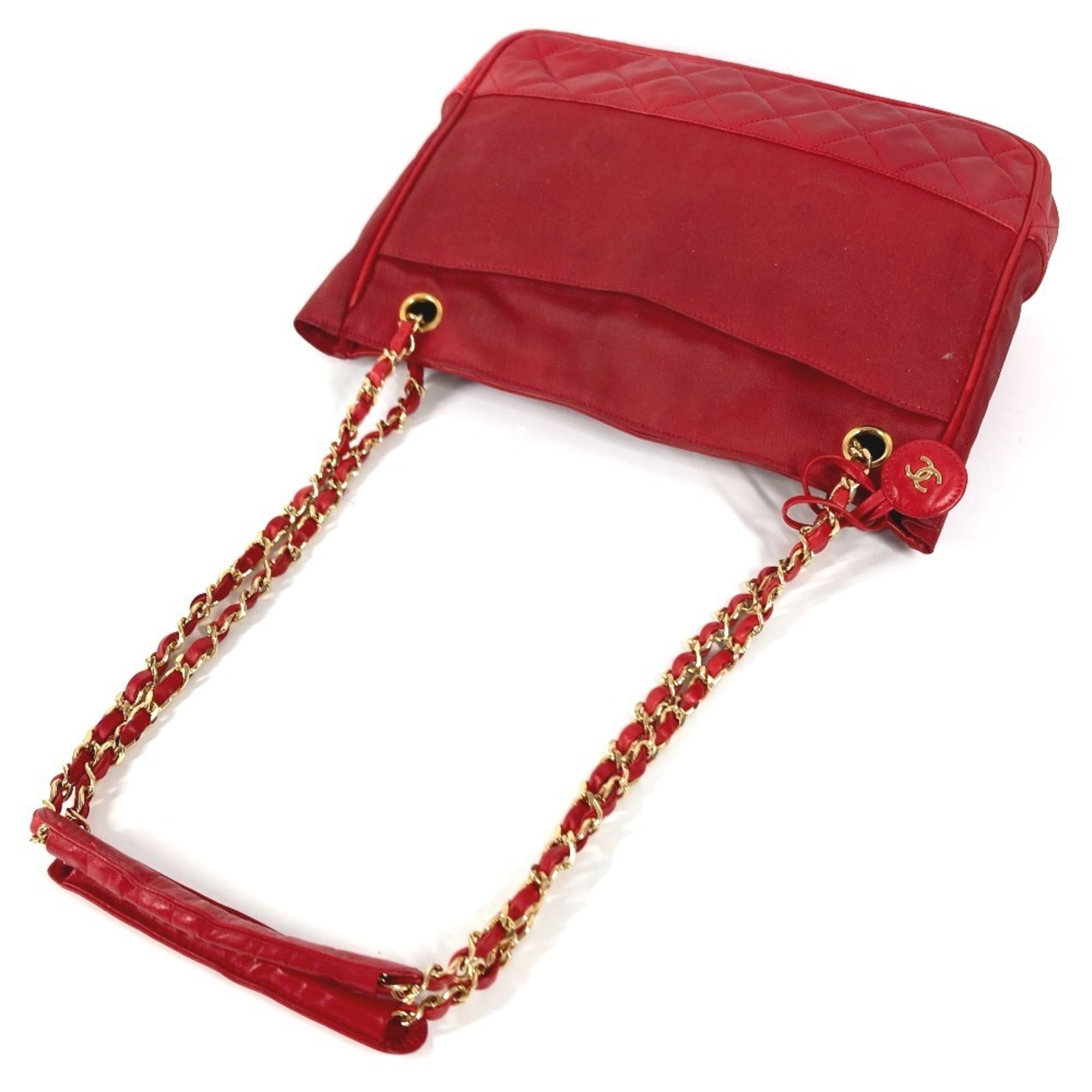 Chanel Red Color Leather Coated Canvas Shoulder Bag Tote Bag (Pre-Owned)