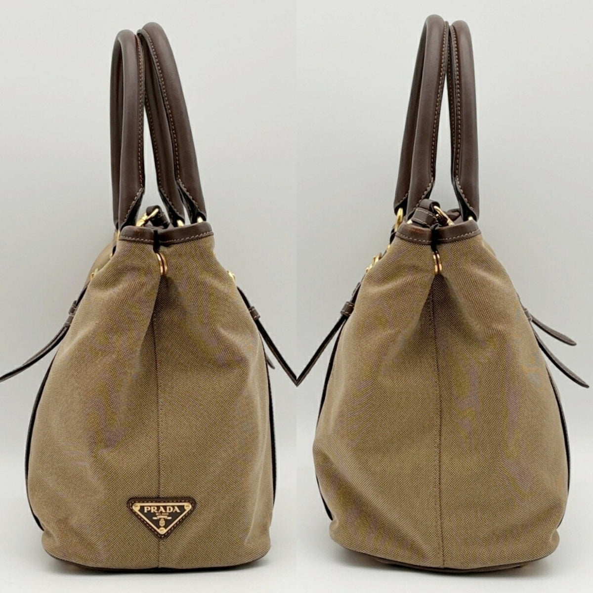 Prada Beige Dark Brown Canvas Leather Tote Bag (Pre-Owned)