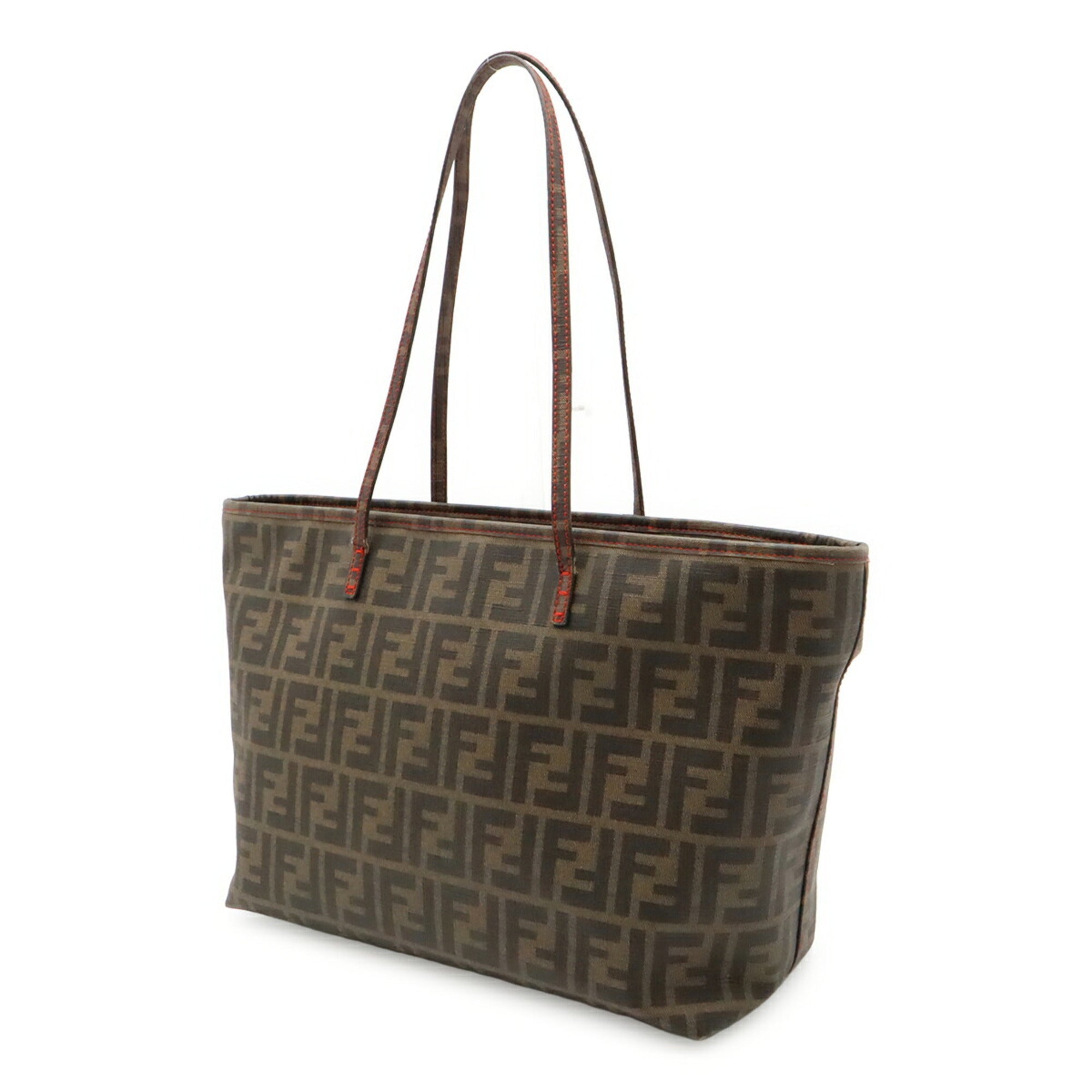 Fendi Dark Brown Khaki Brown Red Color Coated Canvas Leather Shoulder Bag Tote Bag (Pre-Owned)