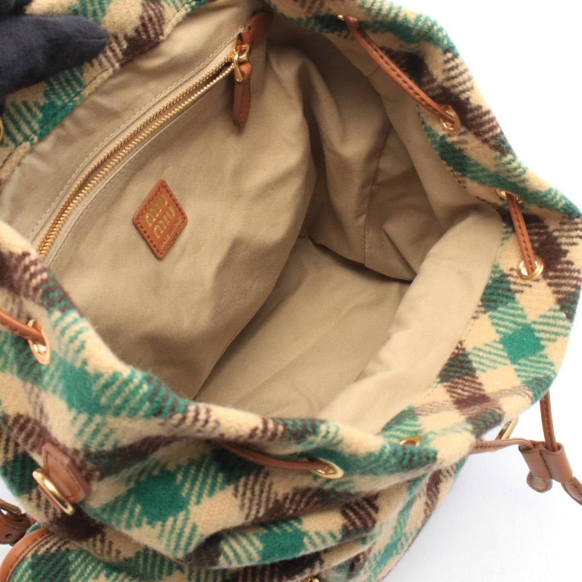Miu Miu Beige Green Multi-Color Wool Leather Backpack Handbag (Pre-Owned)