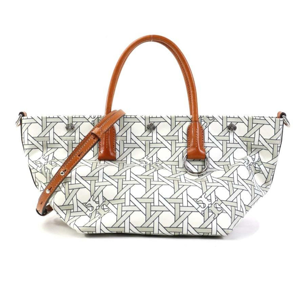 Tory Burch Brown White Nylon Canvas Leather Handbag Shoulder Bag (Pre-Owned)