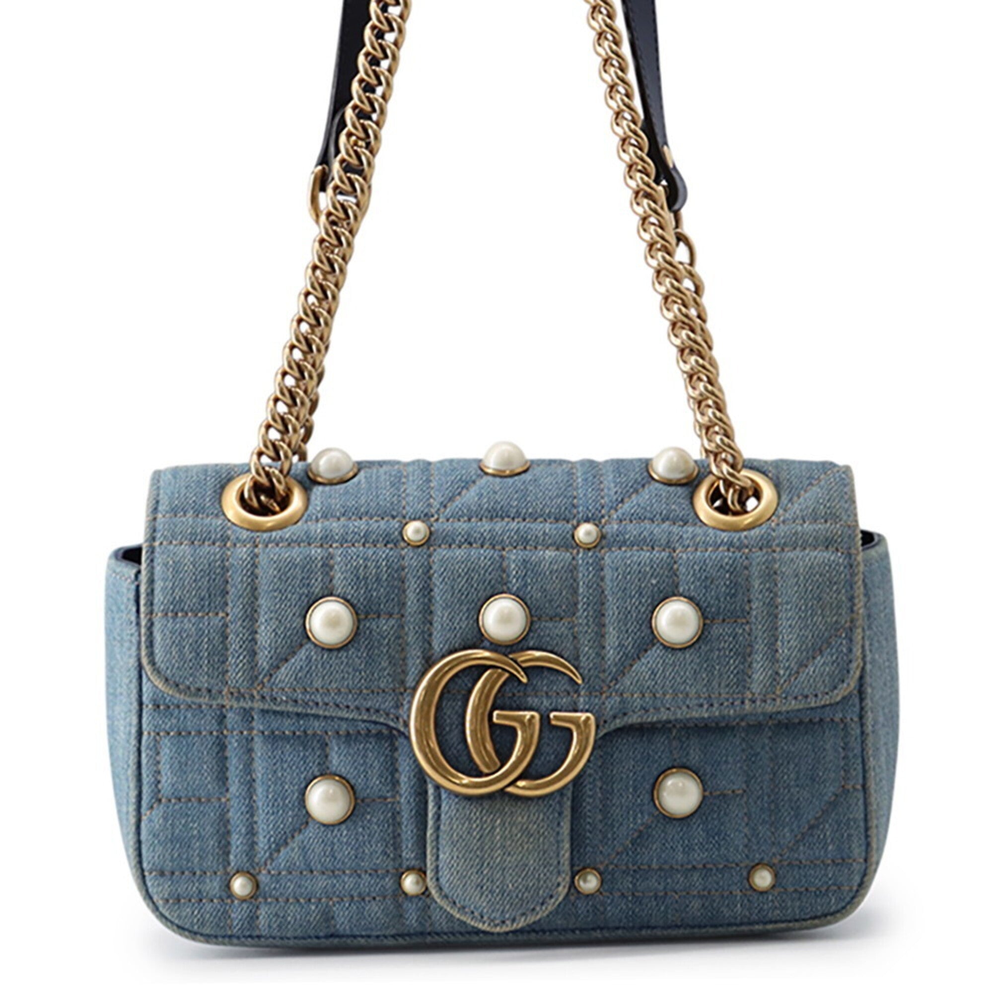 Gucci Gg Marmont Blue Denim Leather Handbag Shoulder Bag (Pre-Owned)