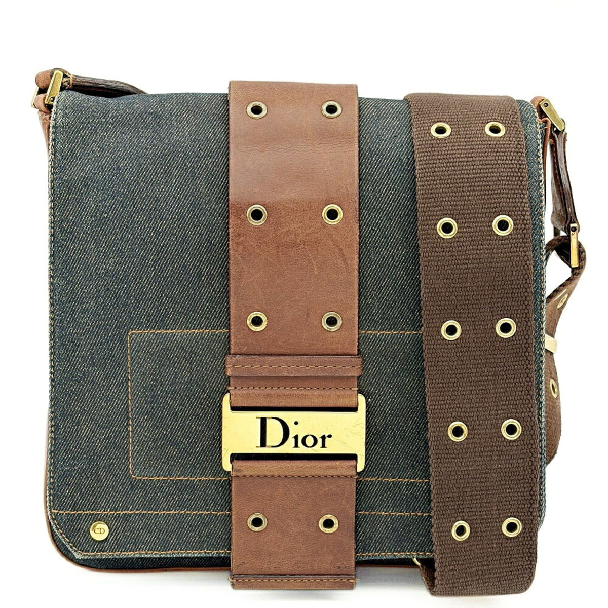 Christian Dior Brown Navy Denim Leather Shoulder Bag (Pre-Owned)