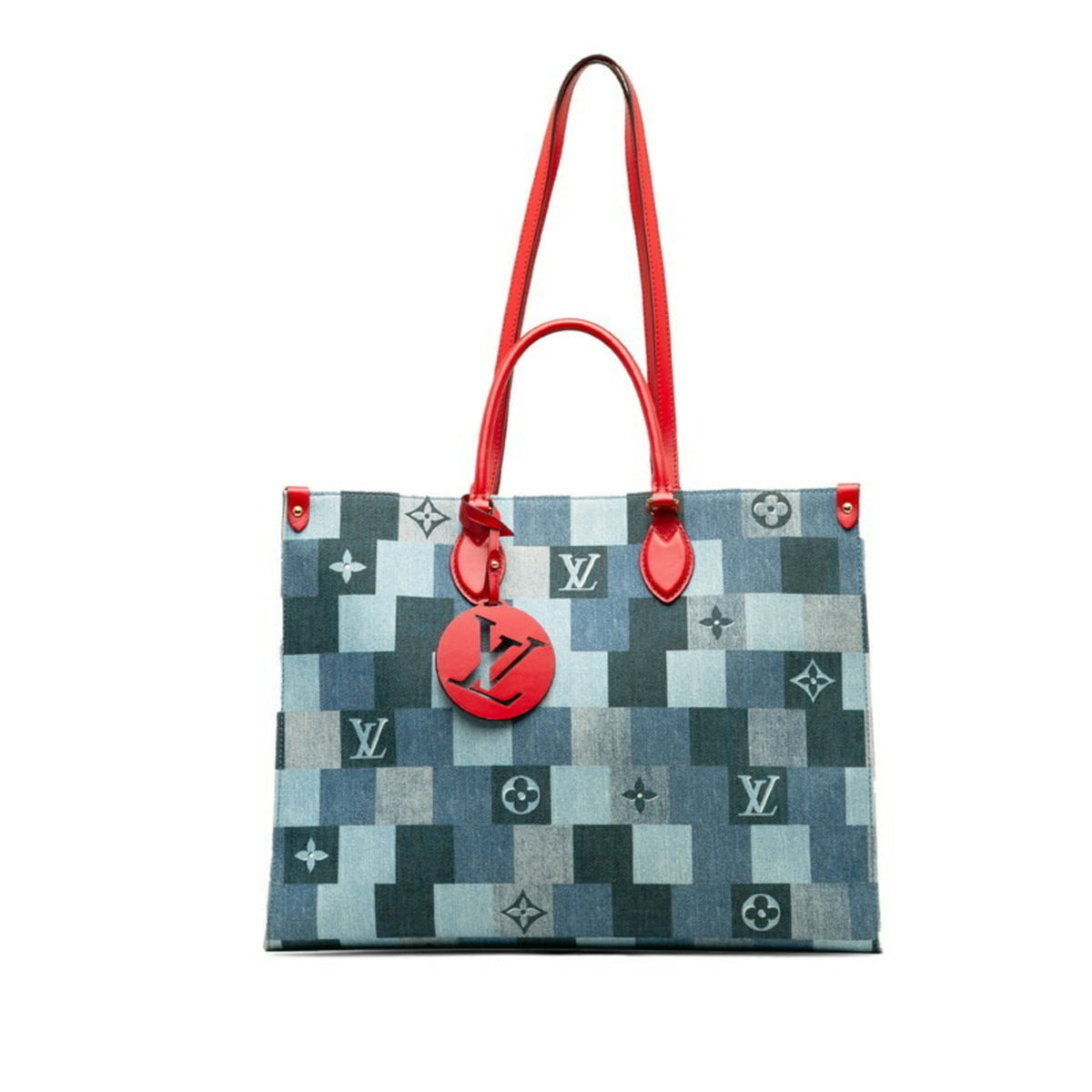 Louis Vuitton Blue Red Color Denim Leather Shoulder Bag Tote Bag (Pre-Owned)