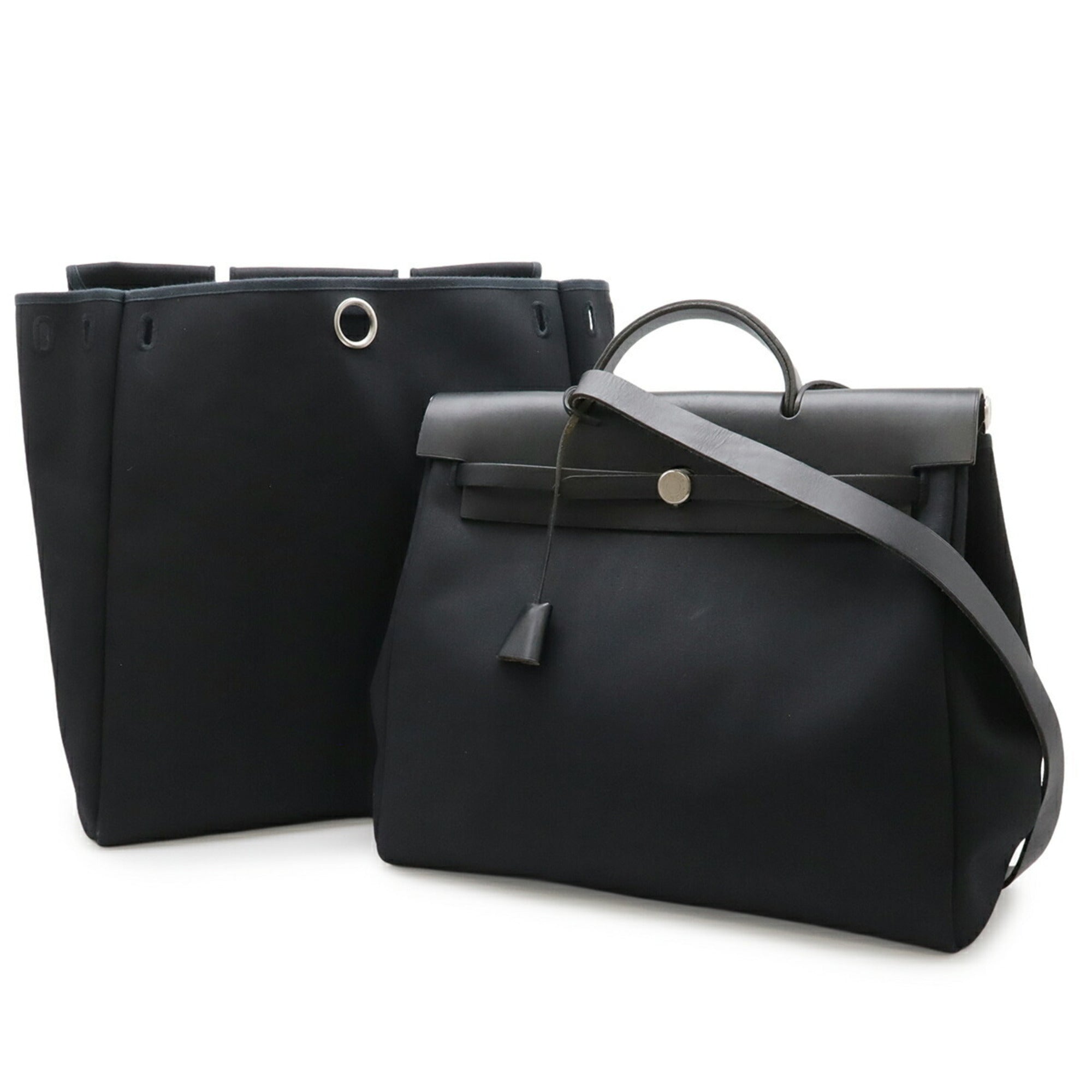 Hermes Her Bag Black Toile Officier Leather Handbag Shoulder Bag (Pre-Owned)
