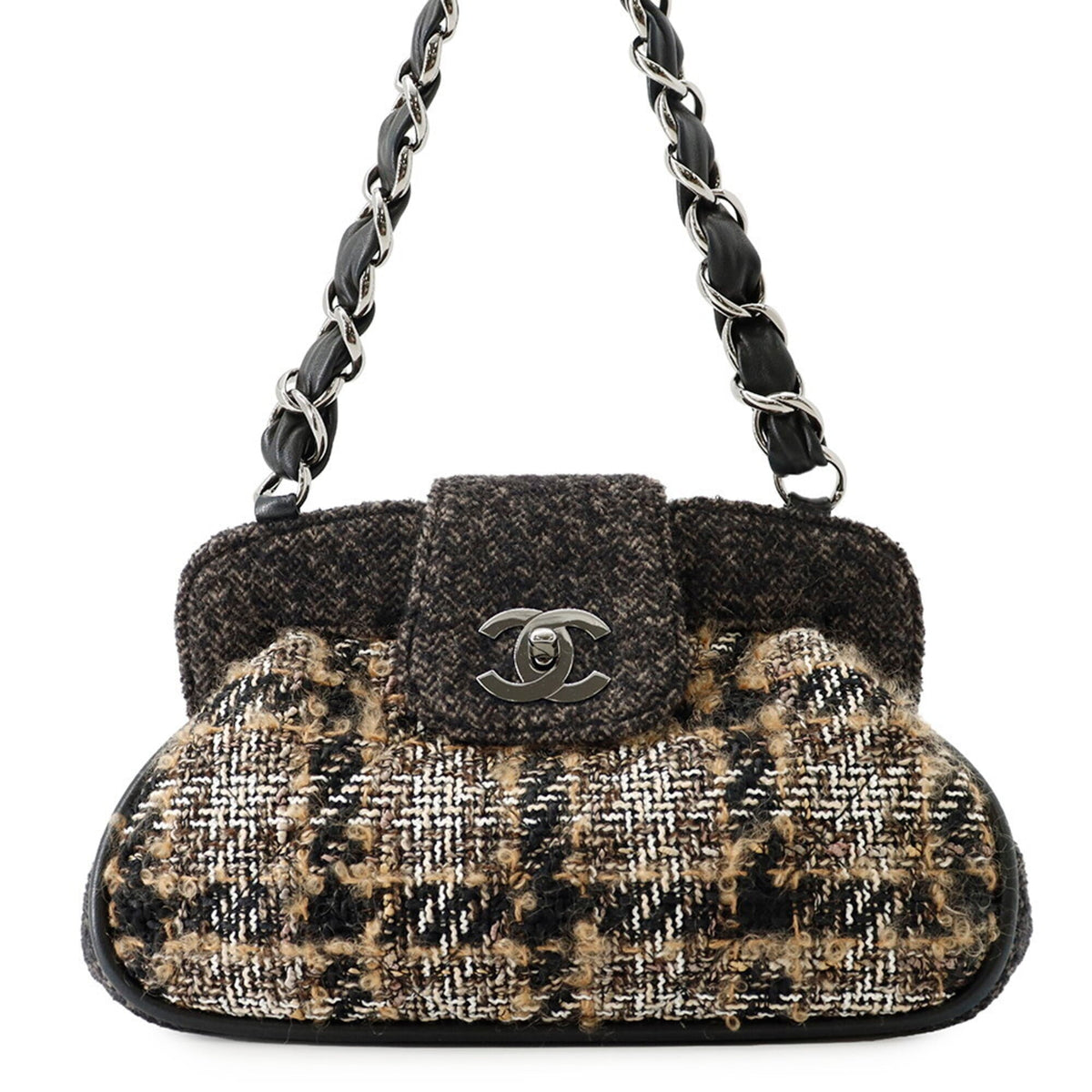 Chanel Black Dark Brown Multi-Color Tweed Leather Shoulder Bag (Pre-Owned)