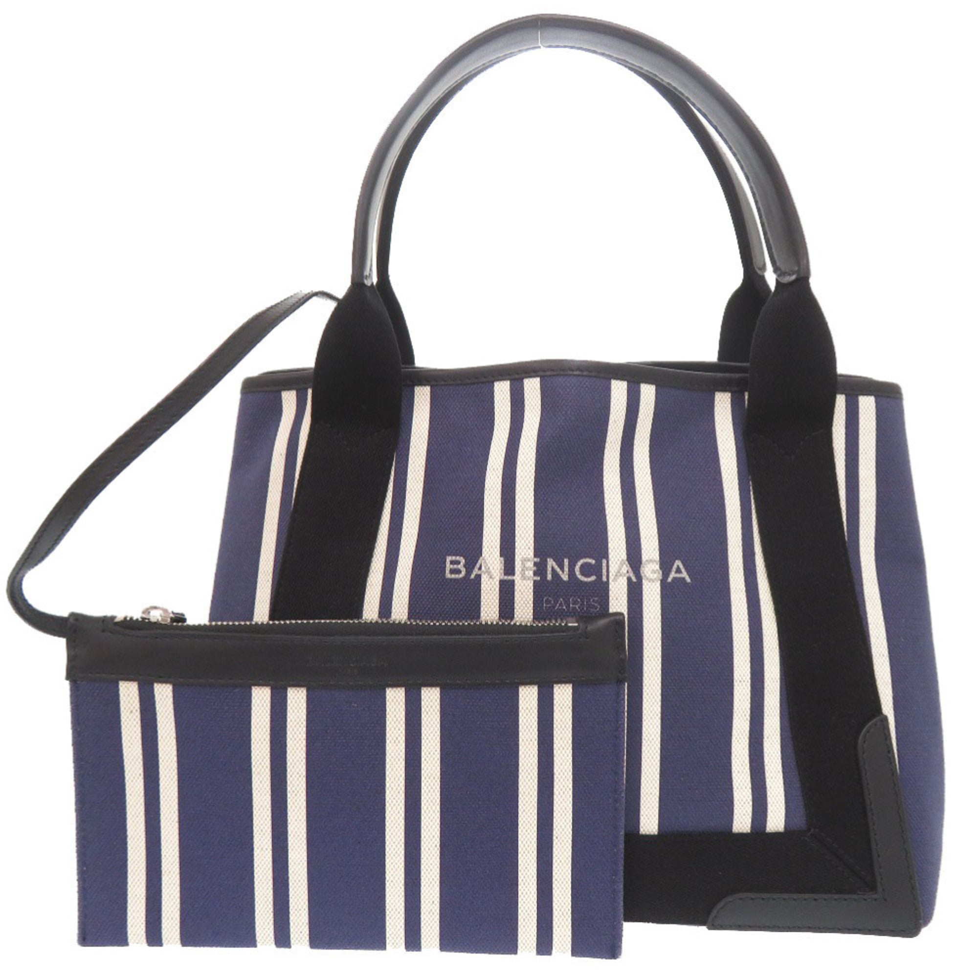 Balenciaga Black Navy White Canvas Leather Handbag Tote Bag (Pre-Owned)