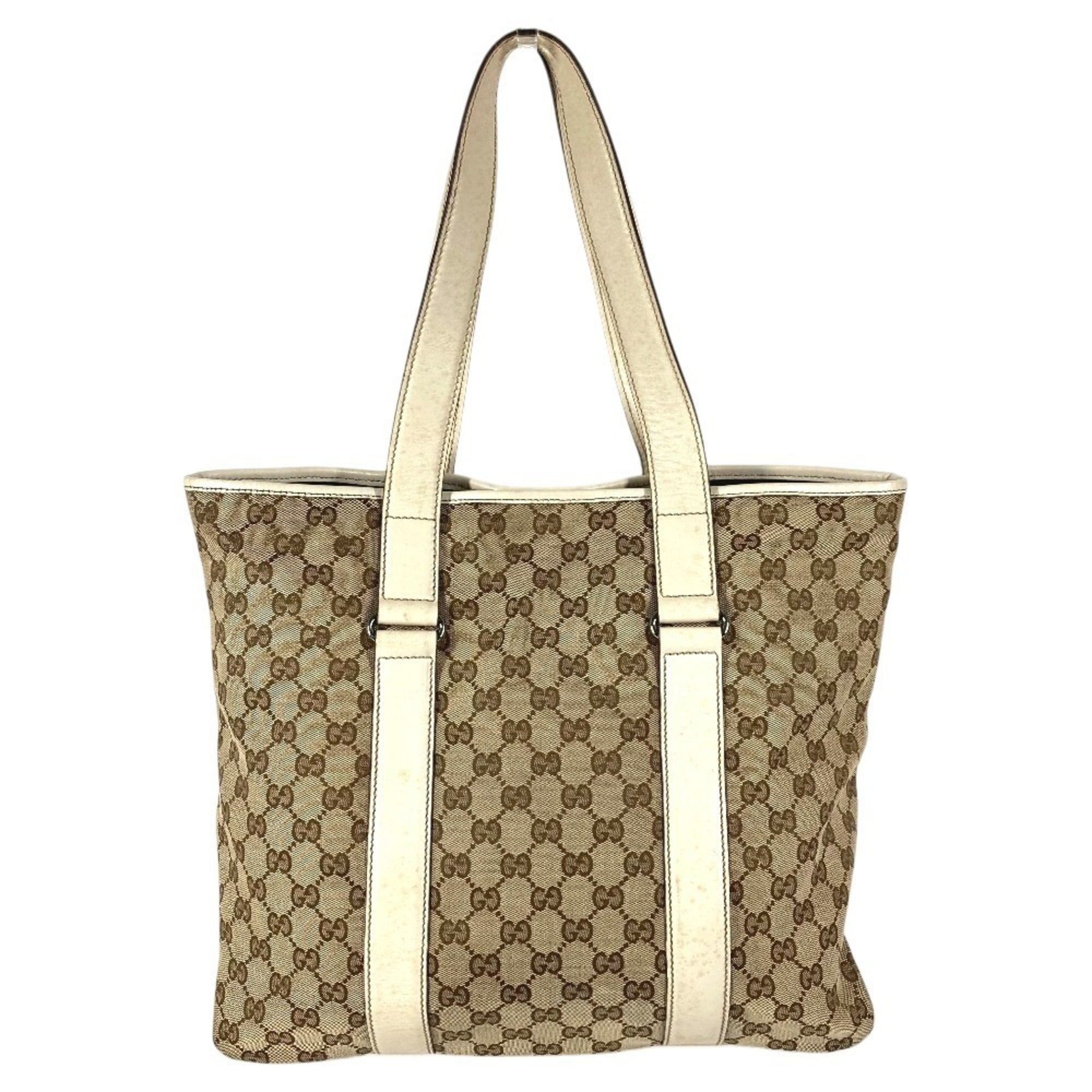 Gucci Beige White Gg Canvas Leather Shoulder Bag Tote Bag (Pre-Owned)
