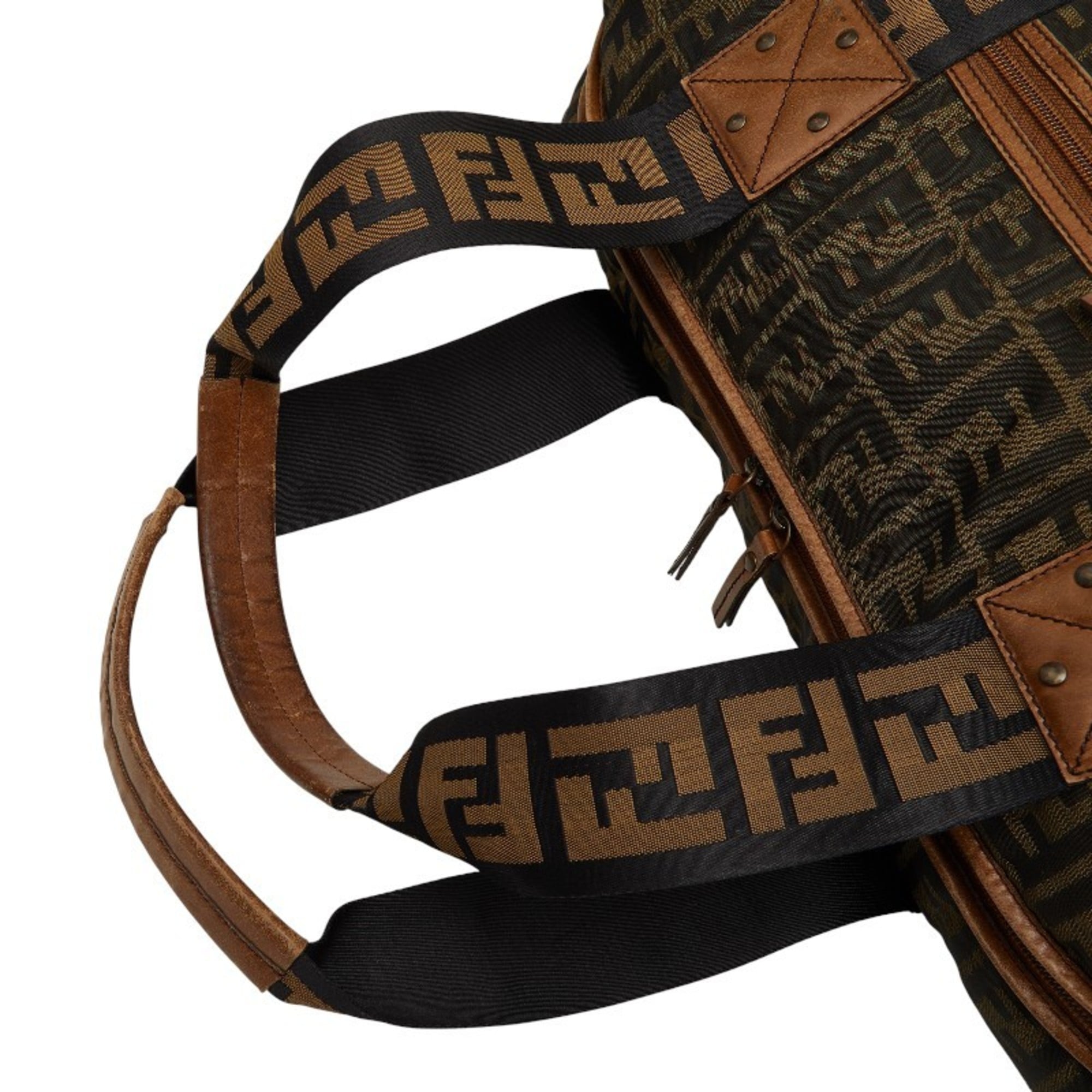 Fendi Brown Canvas Leather Boston Bag Shoulder Bag Tote Bag (Pre-Owned)