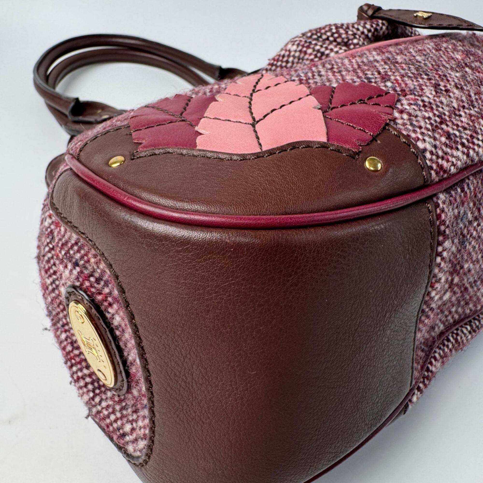 Celine Bordeaux Brown Pink Tweed Leather Handbag (Pre-Owned)