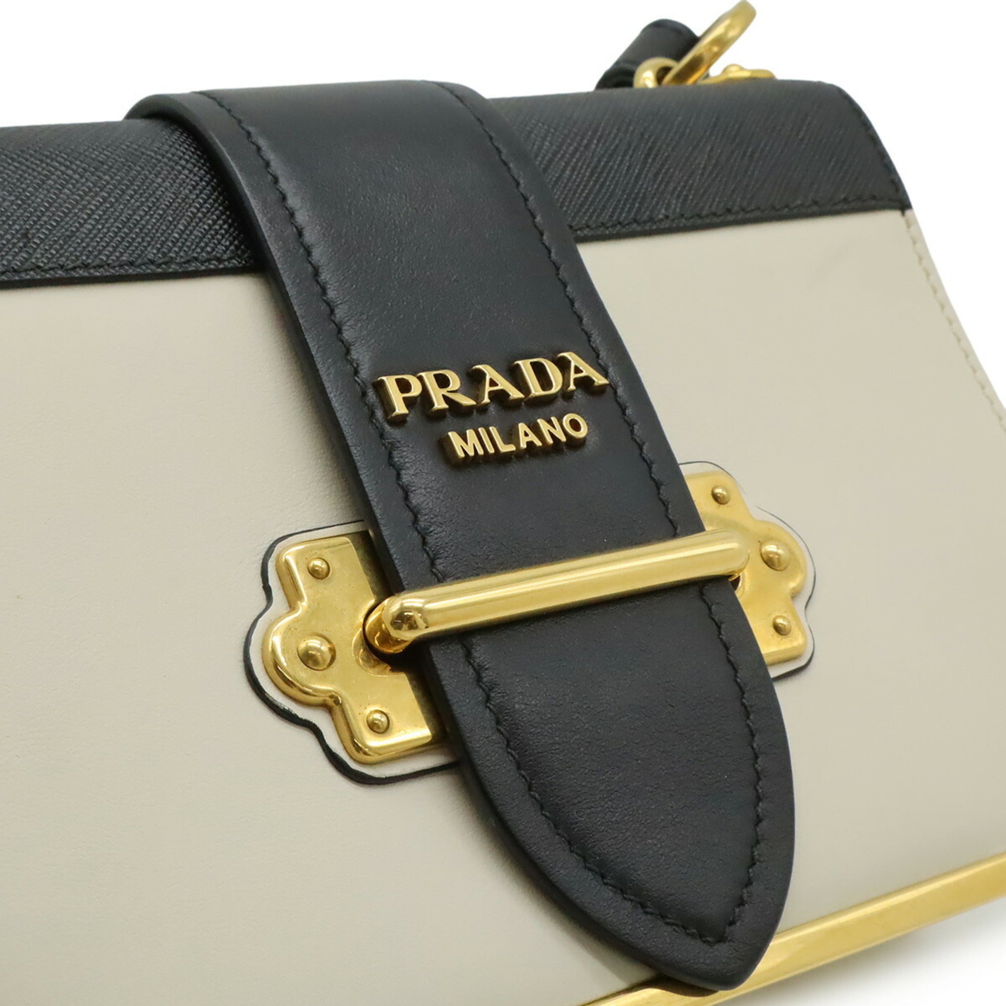 Prada Beige Black Nero Talco Leather Pochette Shoulder Bag (Pre-Owned)