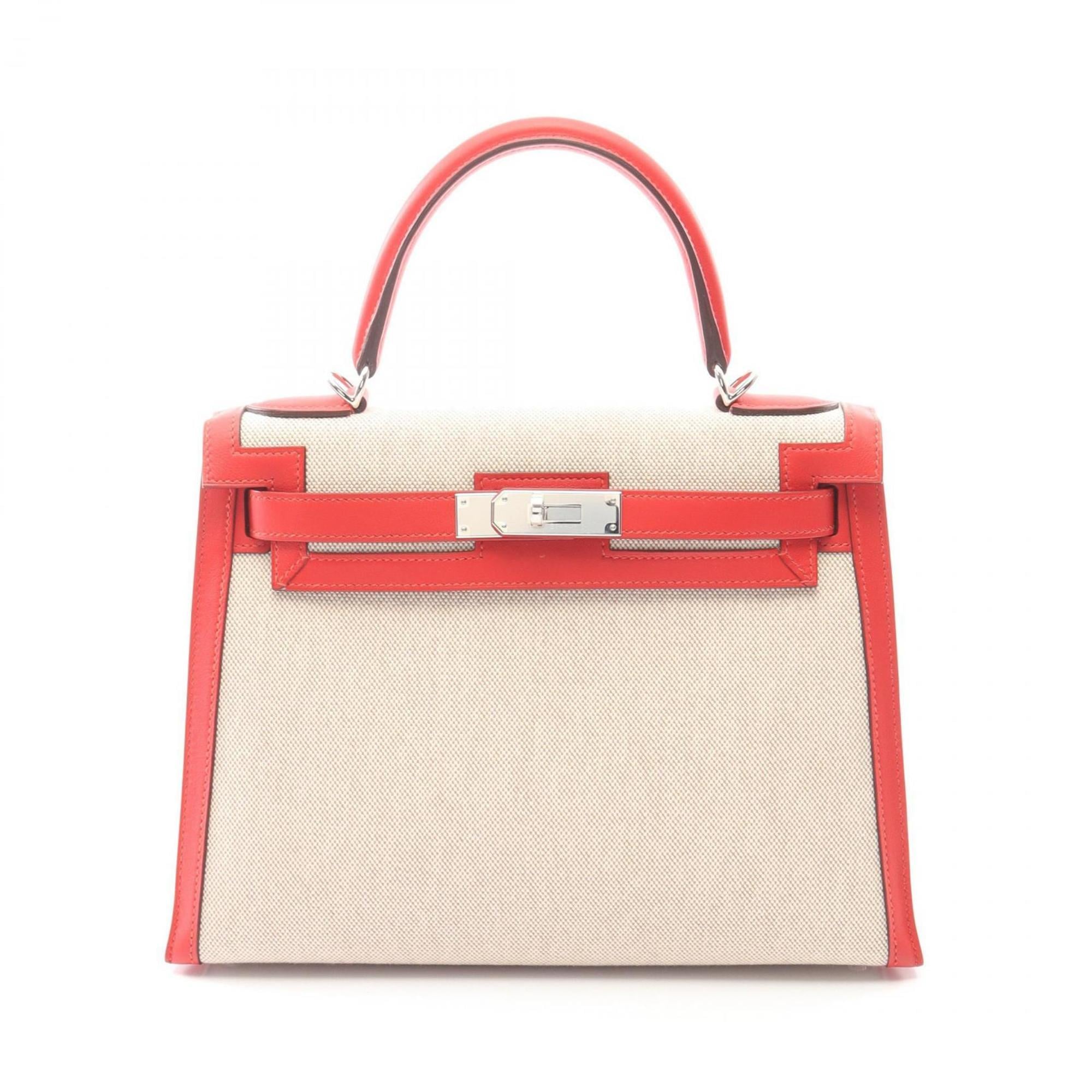 Hermes Beige Ecru Red Color Canvas Toile H Leather Swift Leather Handbag (Pre-Owned)